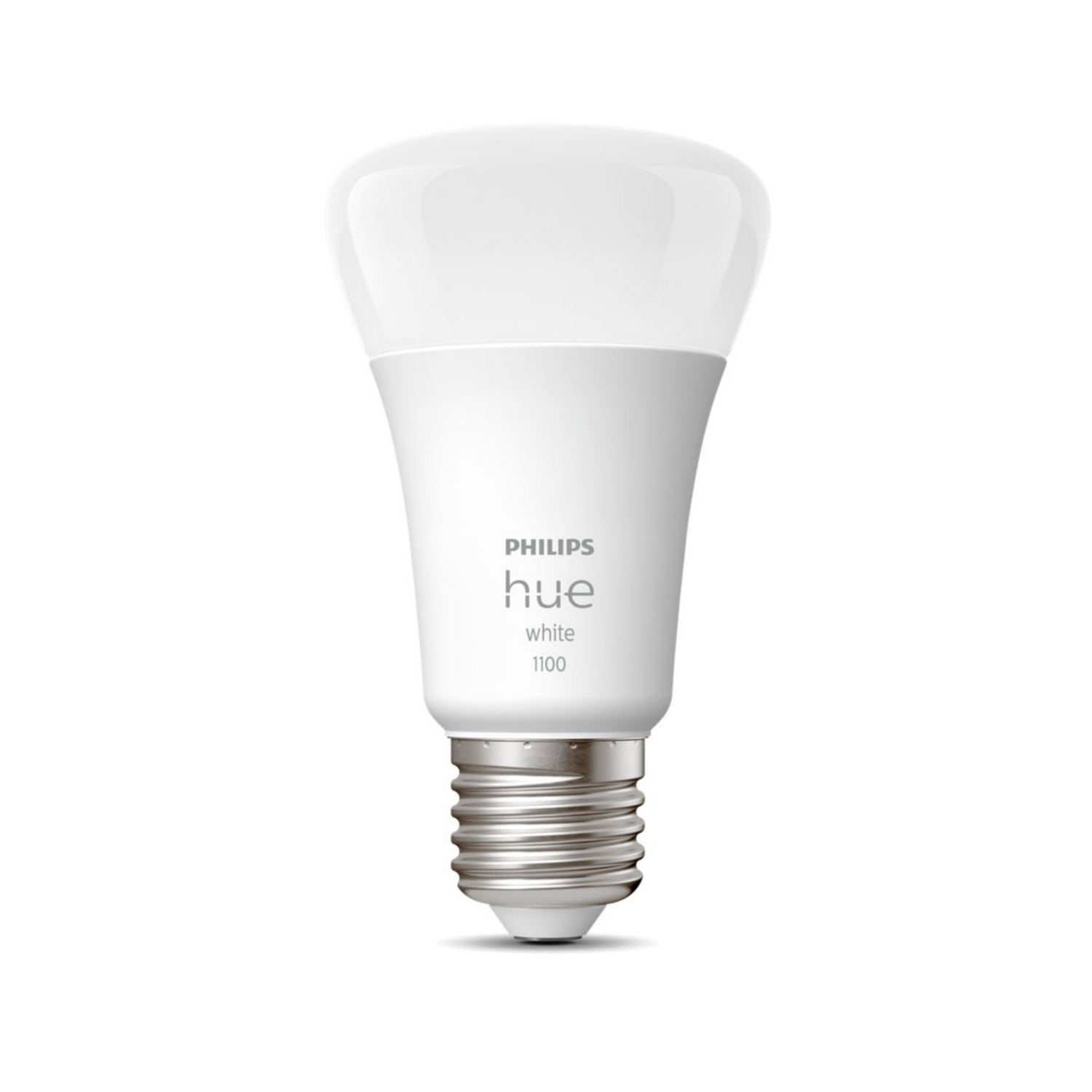 Bombilla inteligente Philips Hue blanca, con fondo blanco, en orientación vertical.