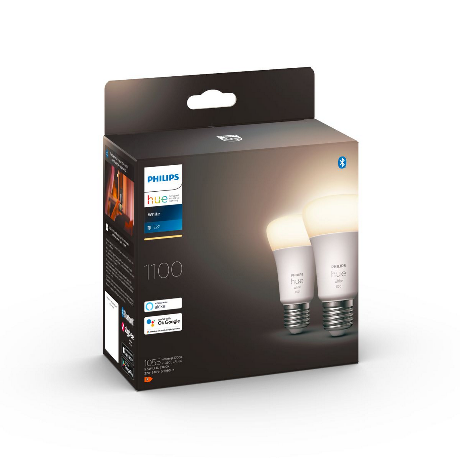 Caja con dos bombillas Philips Hue blancas, con fondo blanco. La caja tiene el logo Philips Hue.