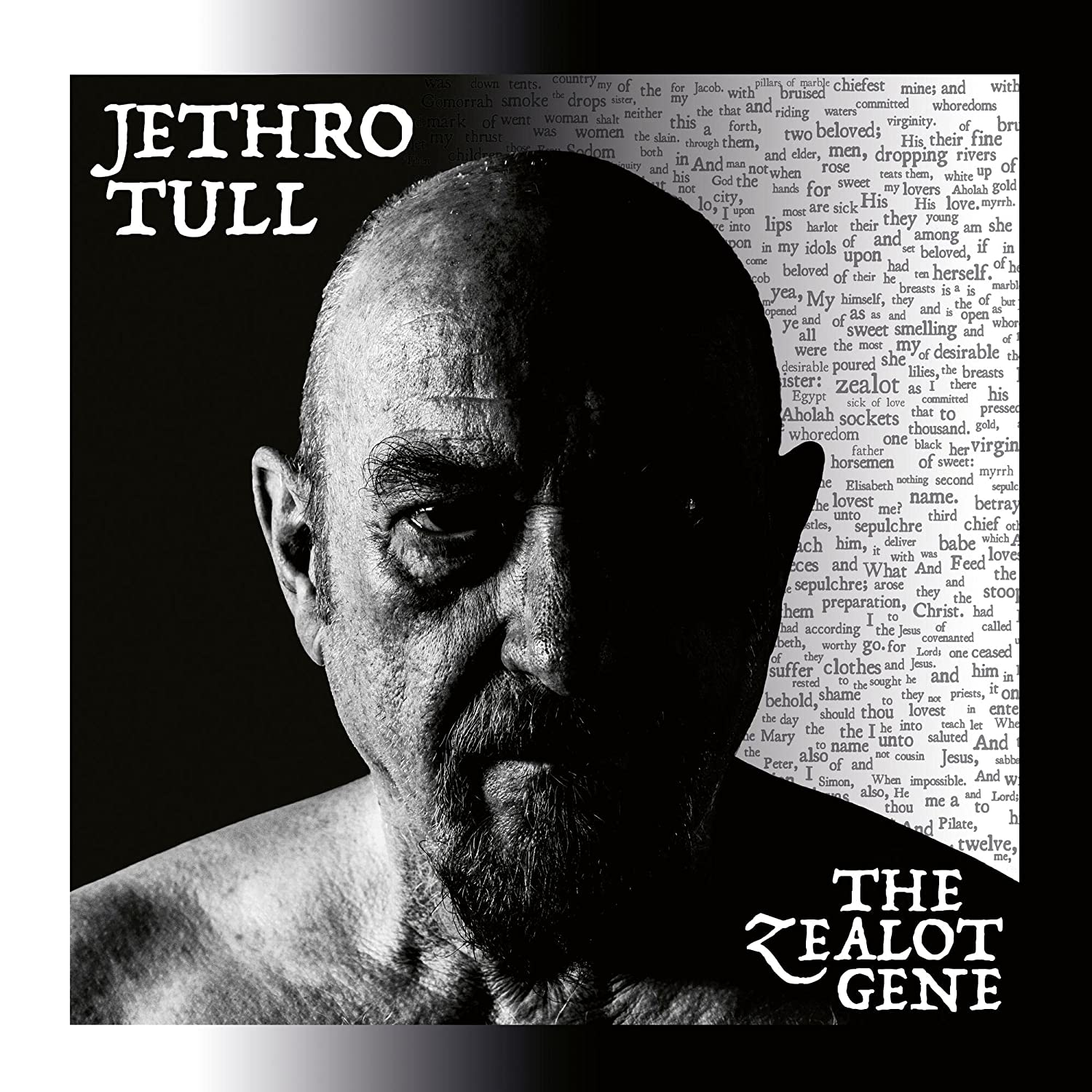 Album borító, fekete-fehér. Egy férfi arca, a cím 'Jethro Tull'. A cím 'The Zealot Gene'.