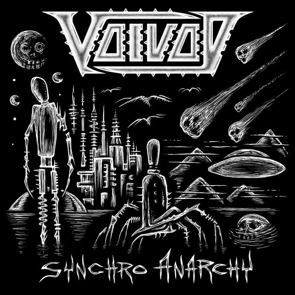 Pochette d'album noir et blanc avec des dessins, Voivod.