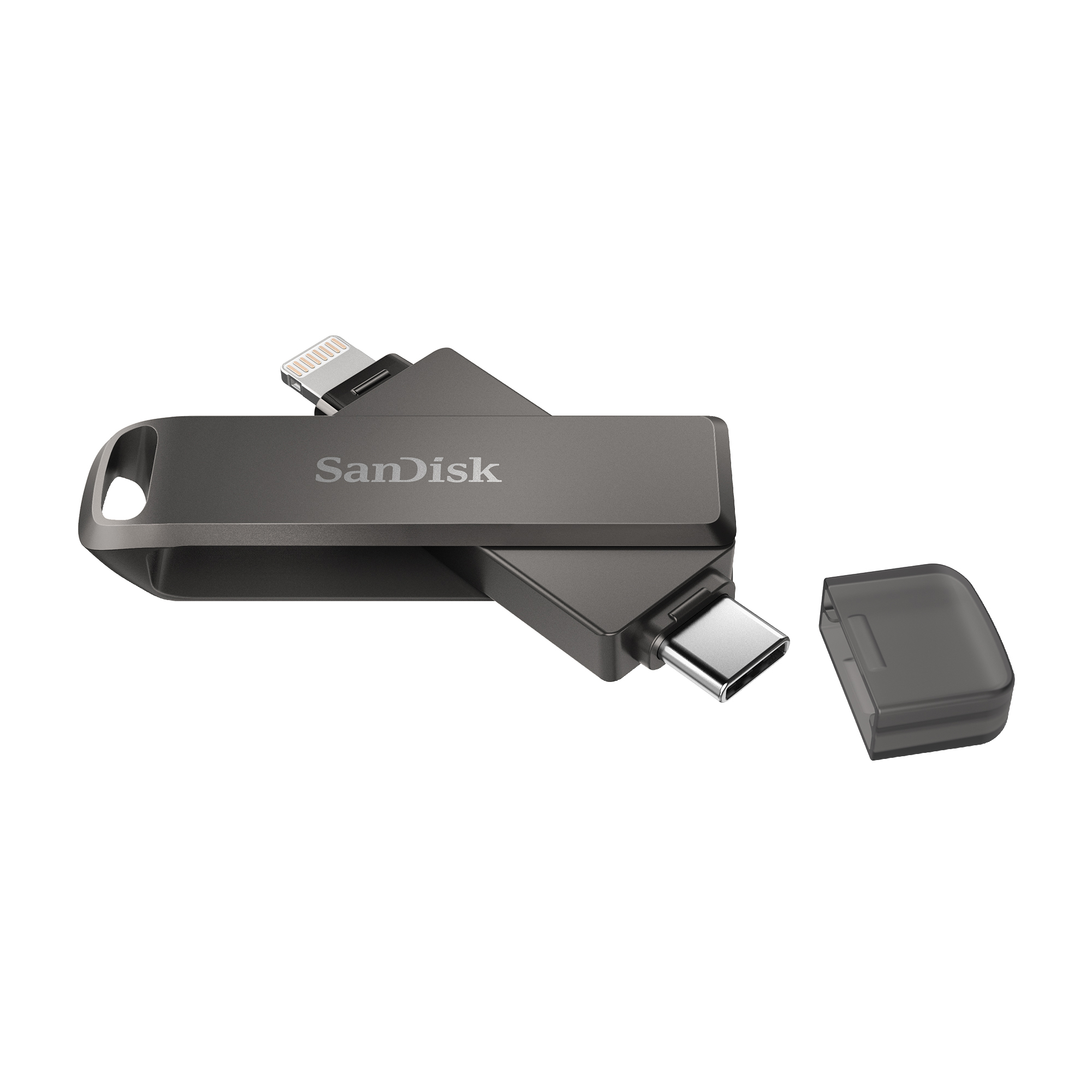 Gümüş USB sürücü, biri standart ve diğeri Lightning olmak üzere iki konektörlü, kapaklı.