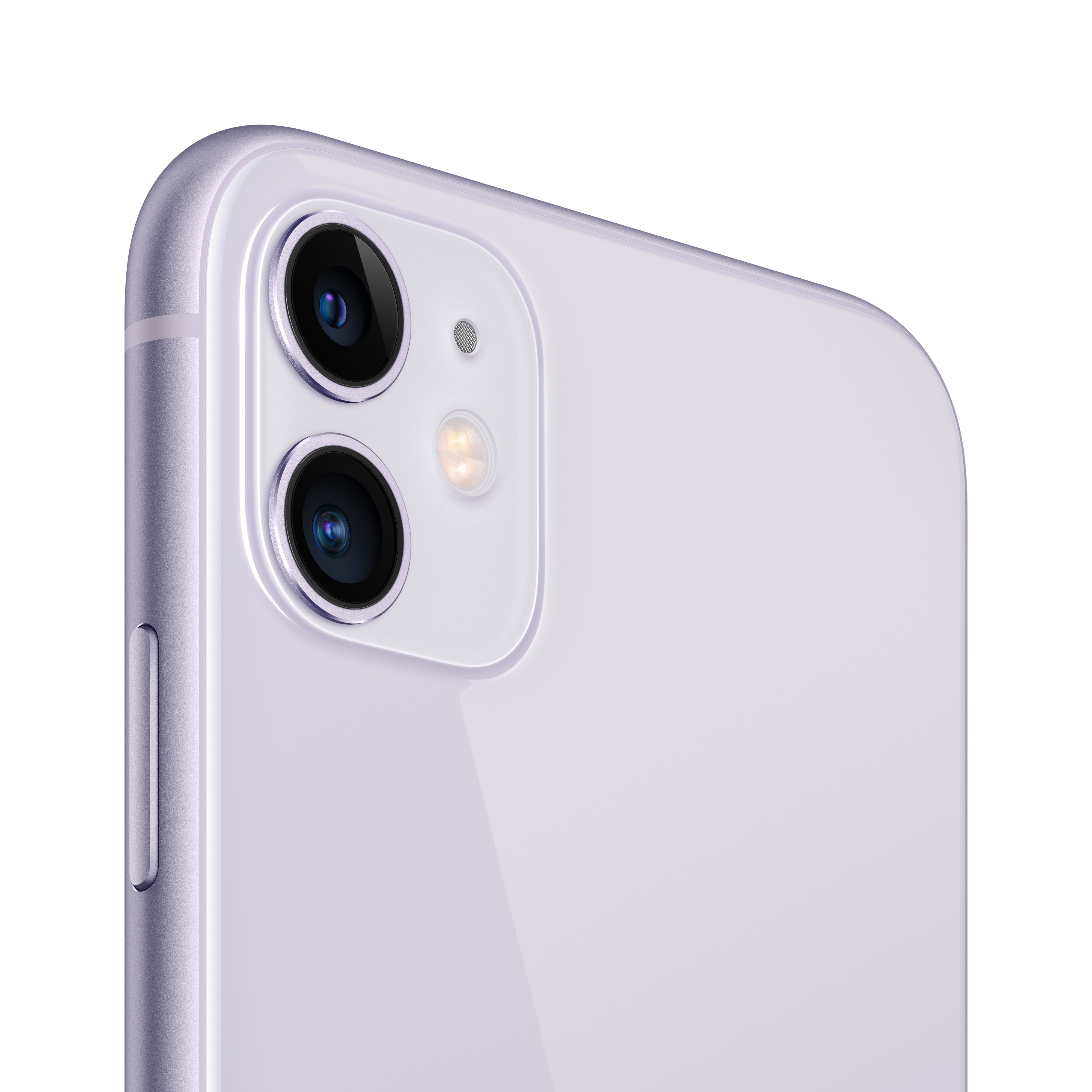 Mor bir iPhone 11'in arkasında iki kamera merceği ve bir flaşın yakın çekimi.