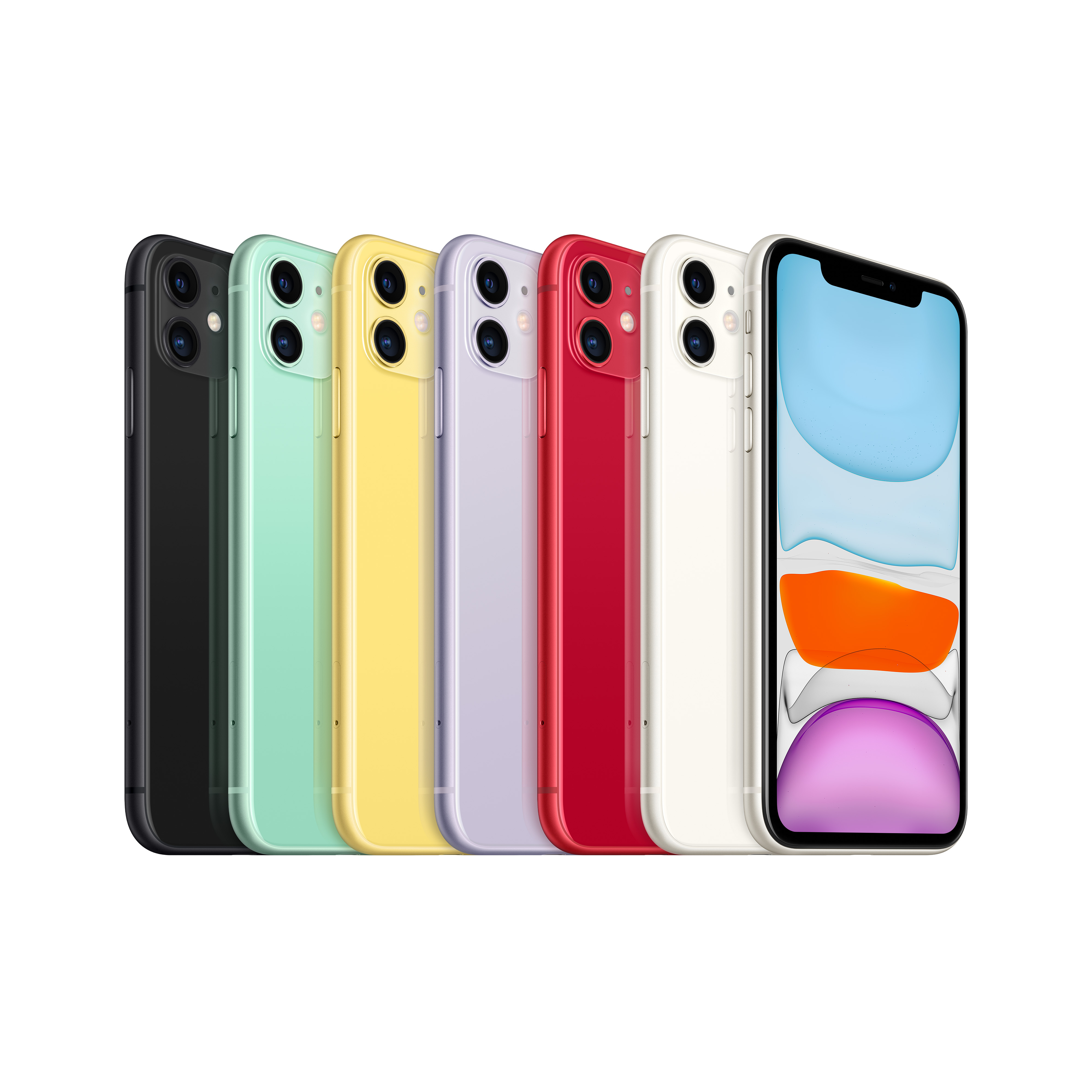 Siyah, yeşil, sarı, mor, kırmızı ve beyaz gibi farklı renklerde bir dizi renkli akıllı telefon.