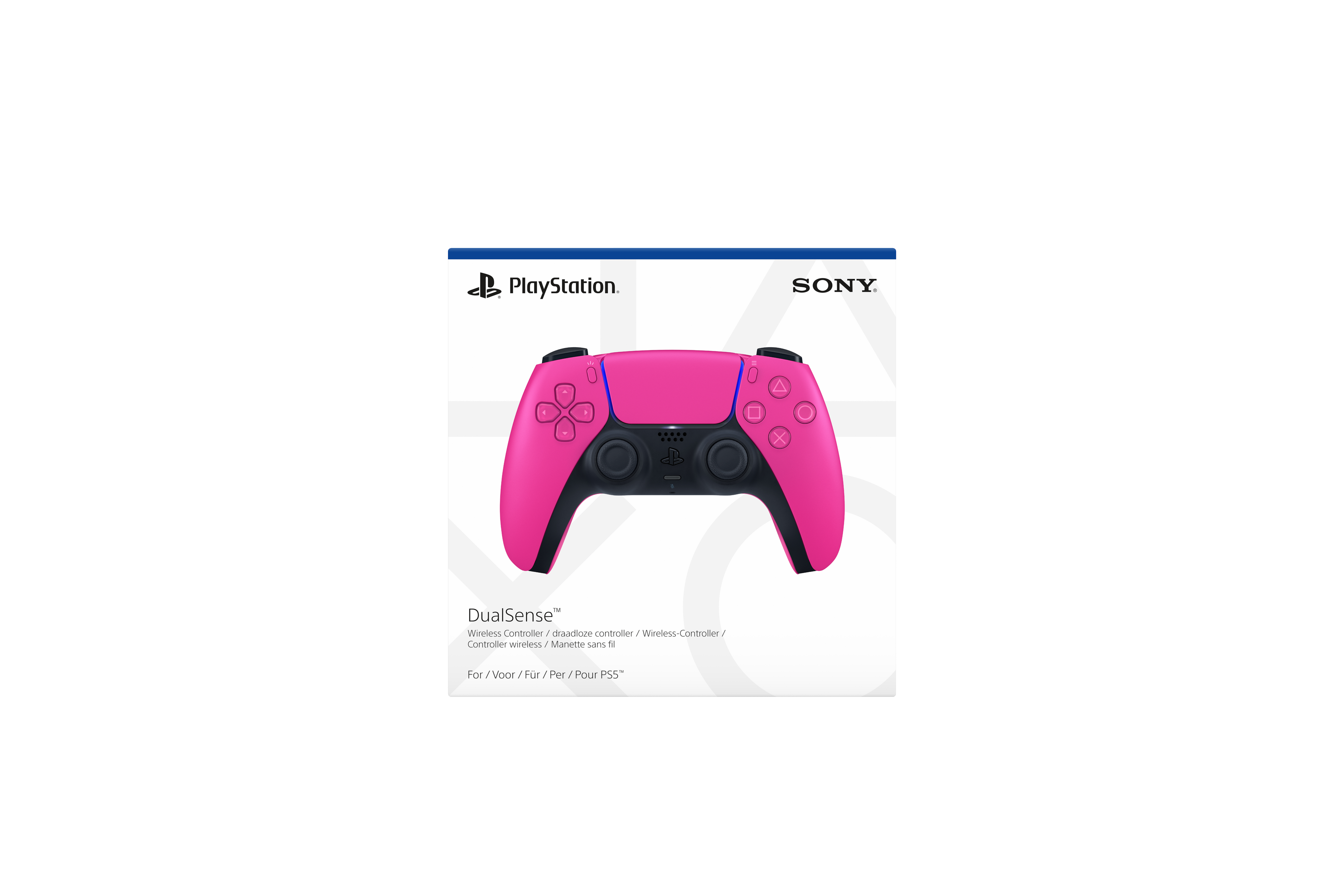 Pinker PlayStation 5 Controller in einer Box. Die Box hat das PlayStation-Logo und das Sony-Logo.