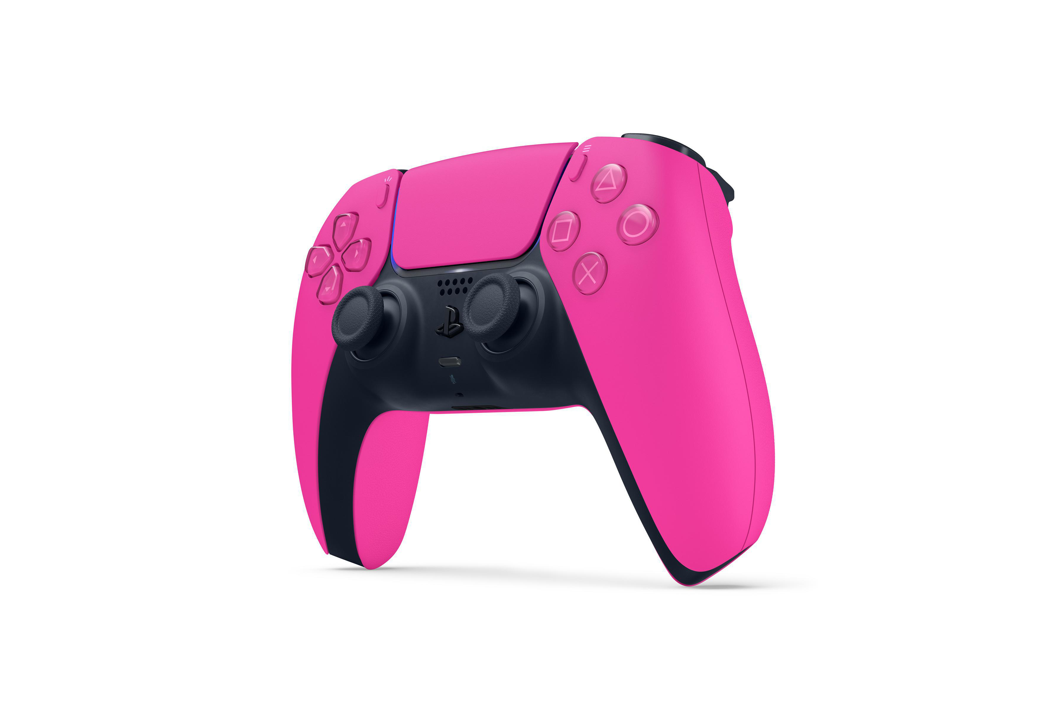 Ein rosa PS5-Controller, isoliert auf weißem Hintergrund. Es hat schwarze Thumbsticks und Tasten.