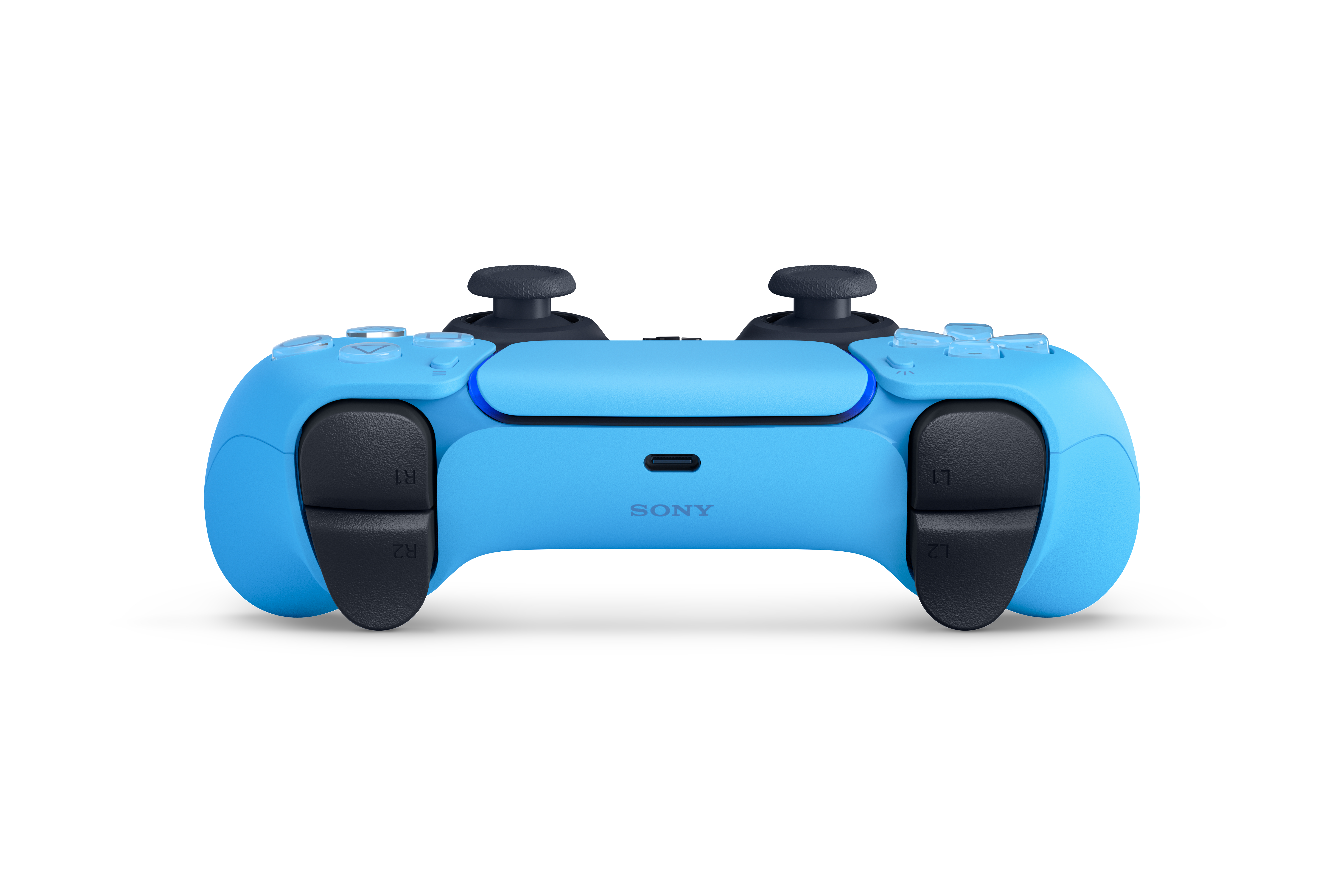 Unteransicht eines blauen Playstation 5 Controllers mit schwarzen Details, weißer Hintergrund.
