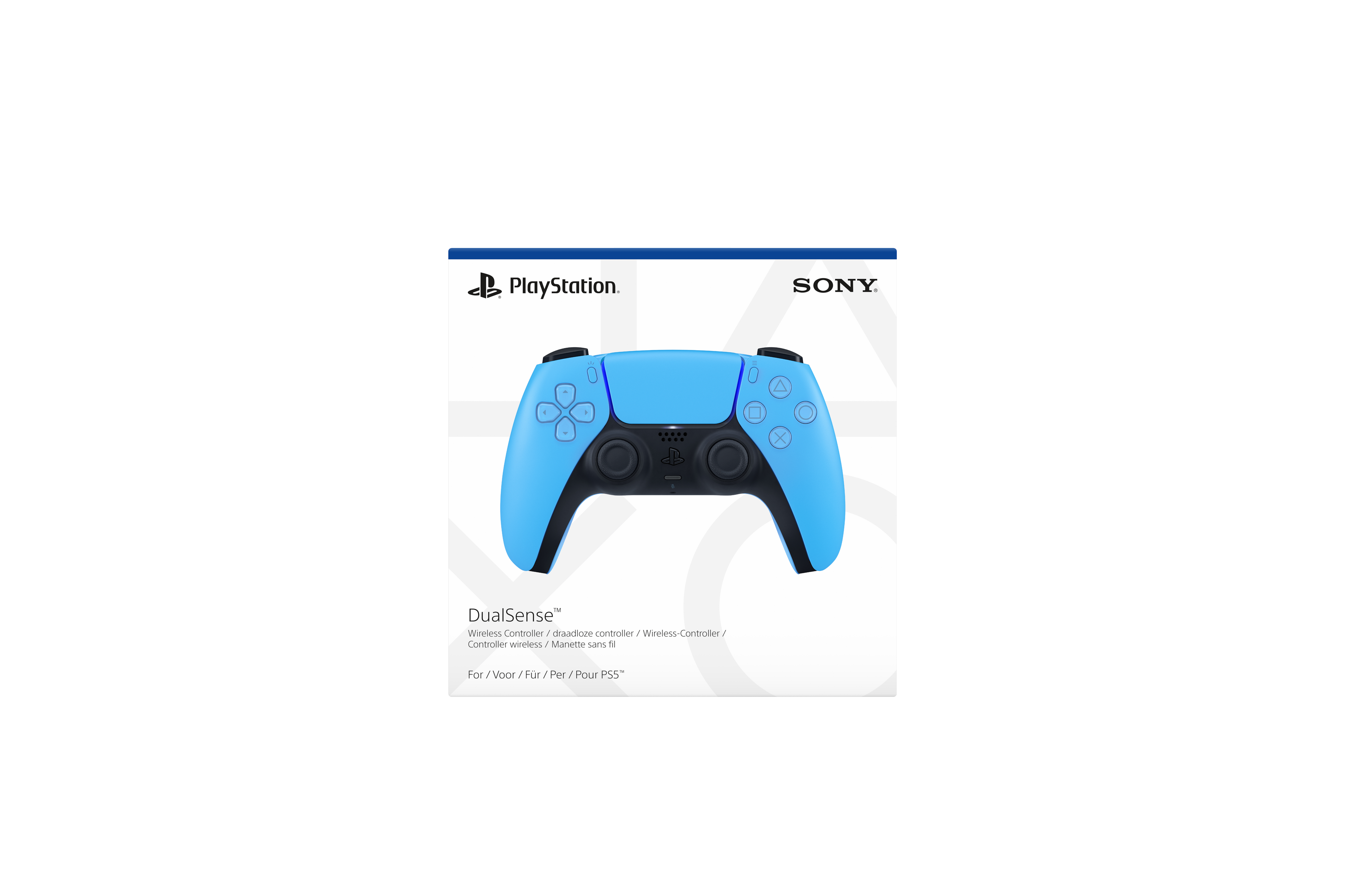 Eine Schachtel mit einem blauen PlayStation DualSense-Controller. Der Controller ist zentriert.