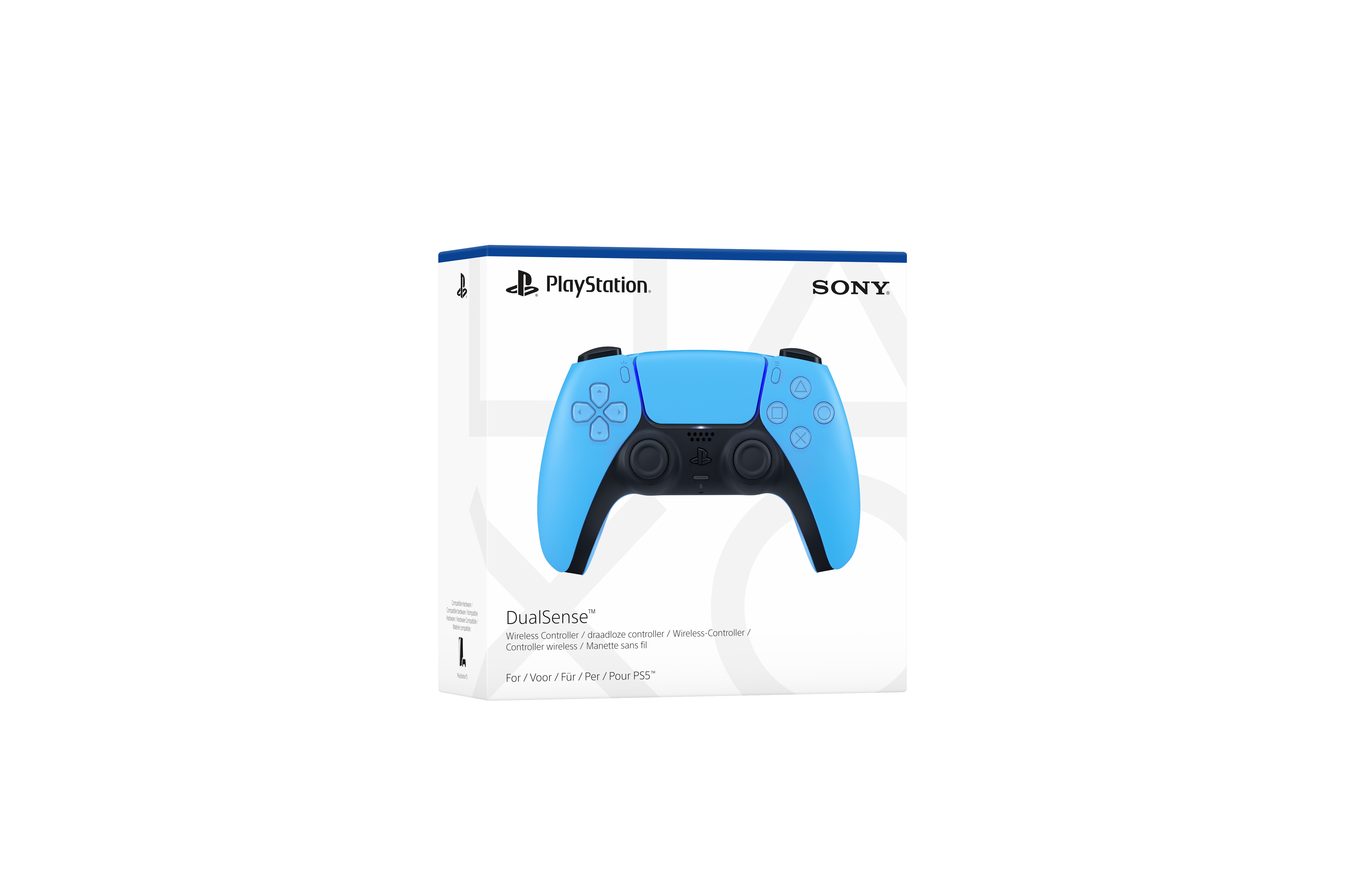 Blauer PlayStation DualSense-Controller in seiner Box. Weißer Hintergrund.