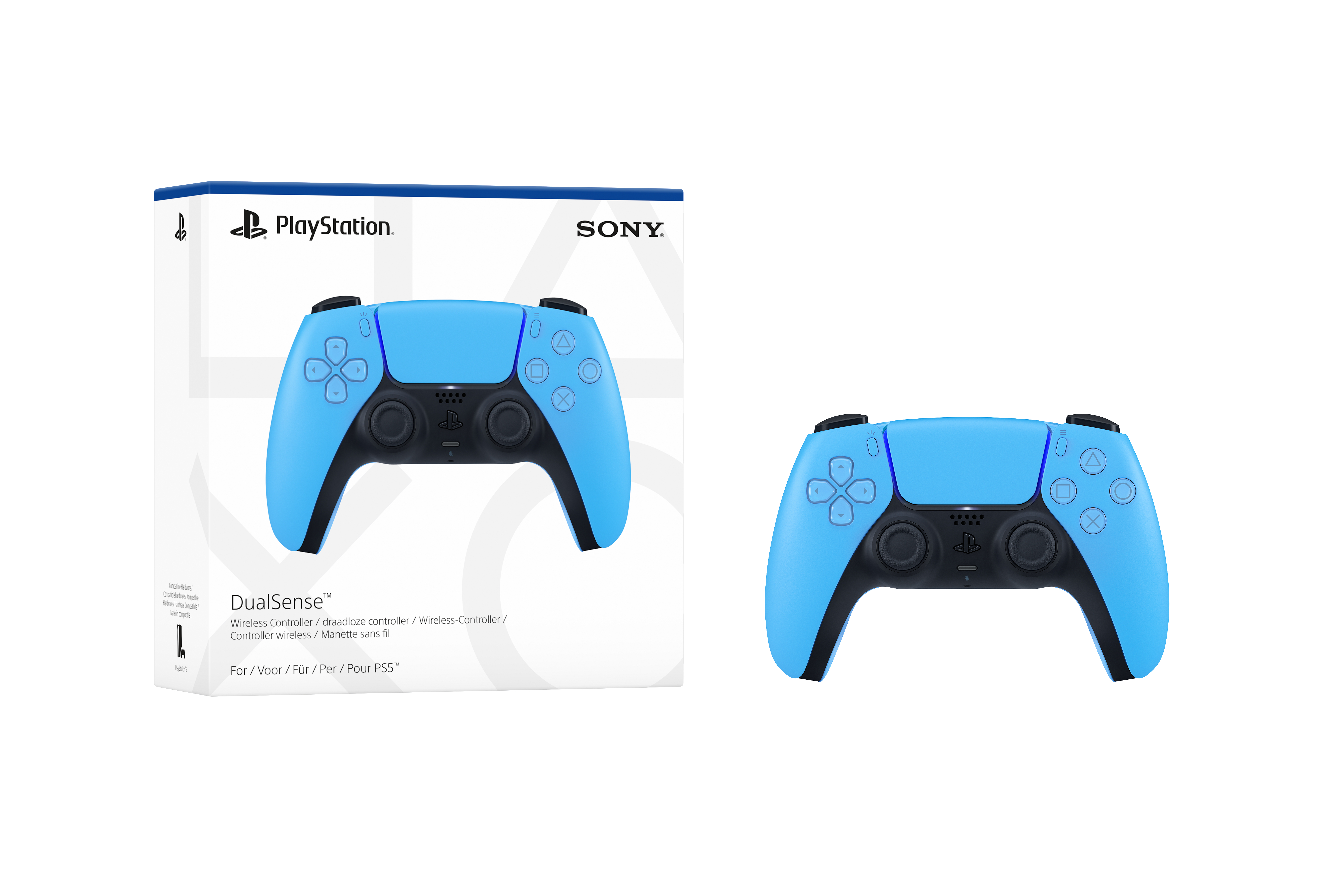Zwei Bilder eines blauen Playstation DualSense-Controllers und seiner Box.