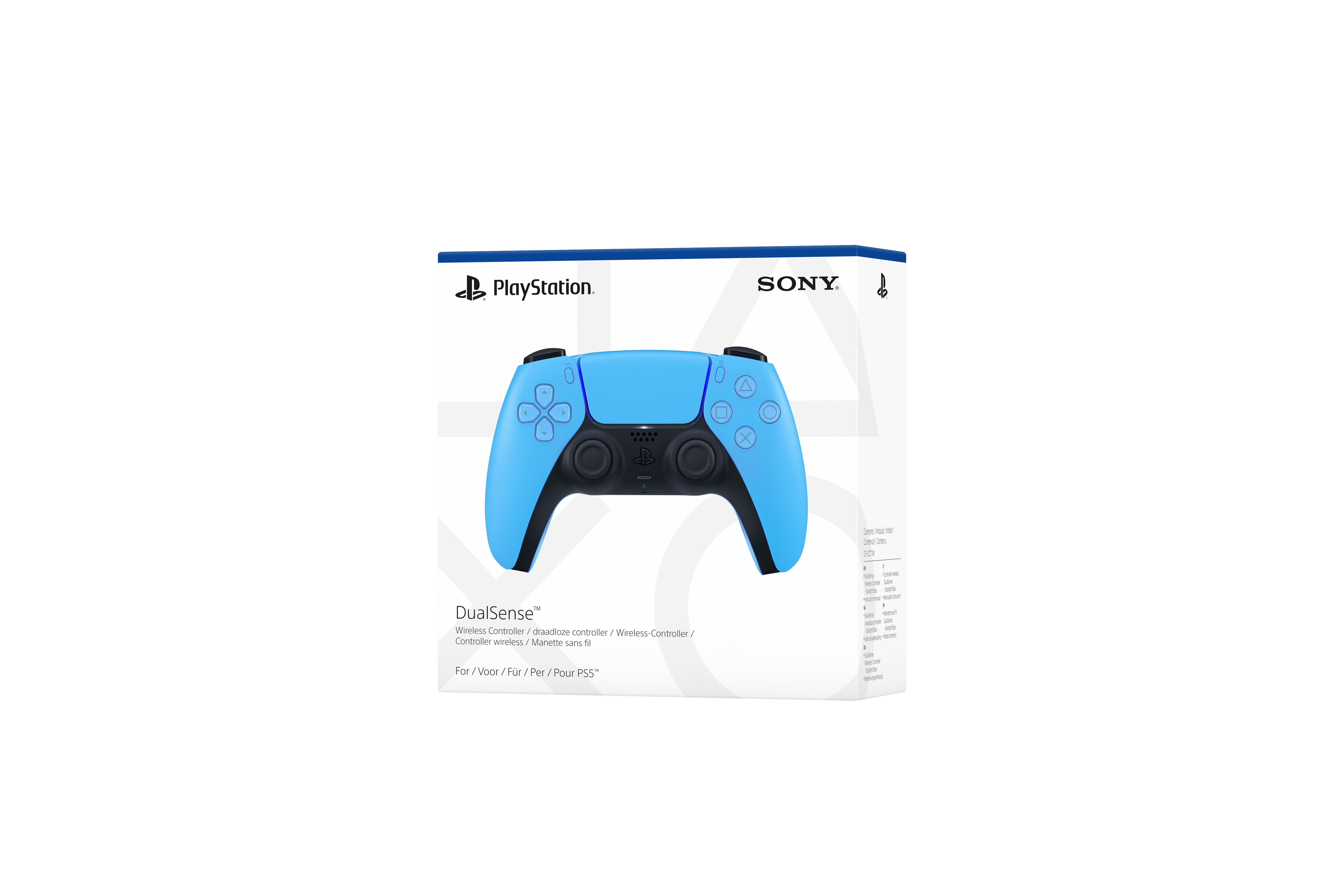 Ein hellblauer PlayStation DualSense-Controller in seiner Verpackung, mit dem Sony-Logo.
