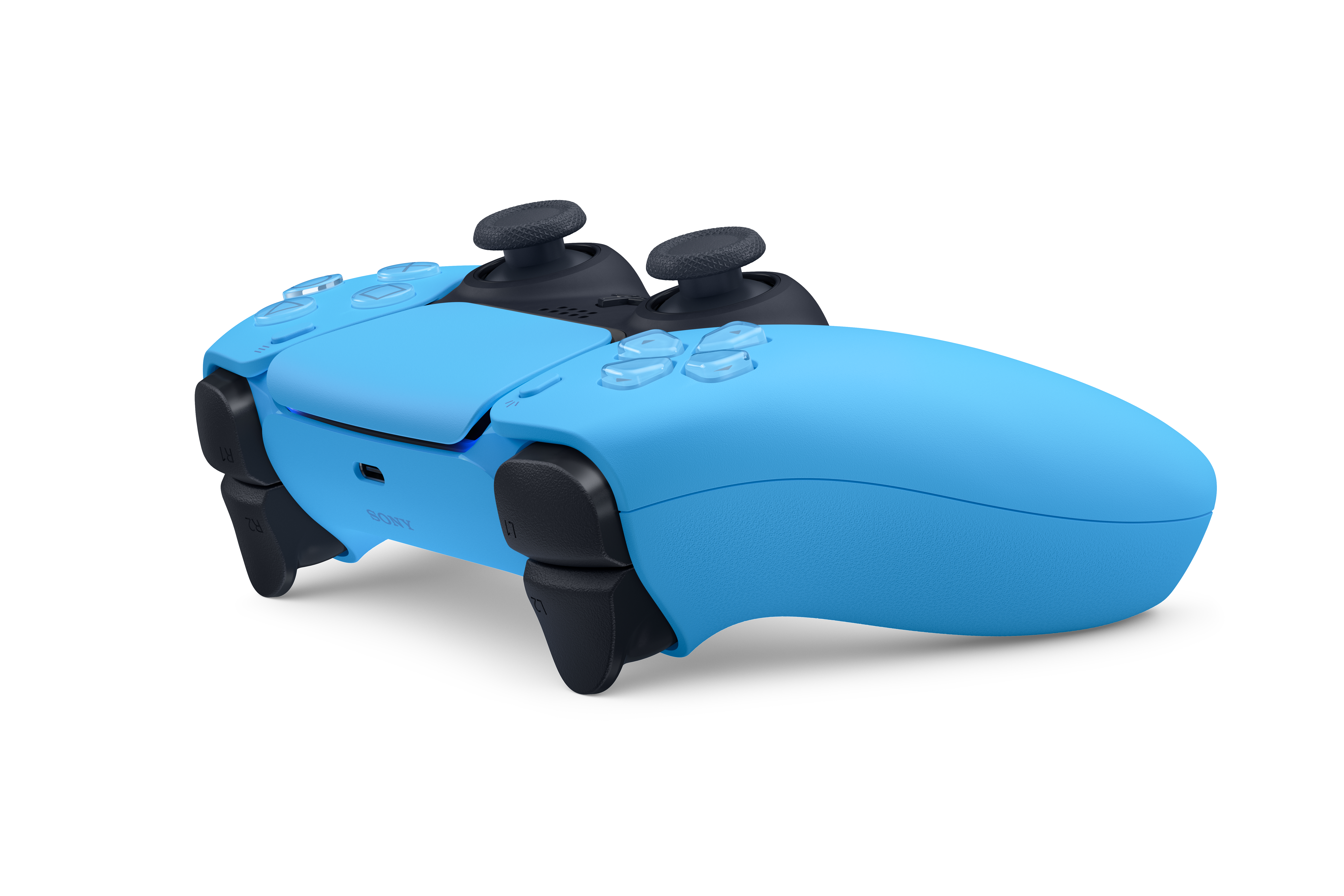 Blauer PlayStation 5-Controller mit schwarzen Knöpfen und Joysticks auf weißem Hintergrund.