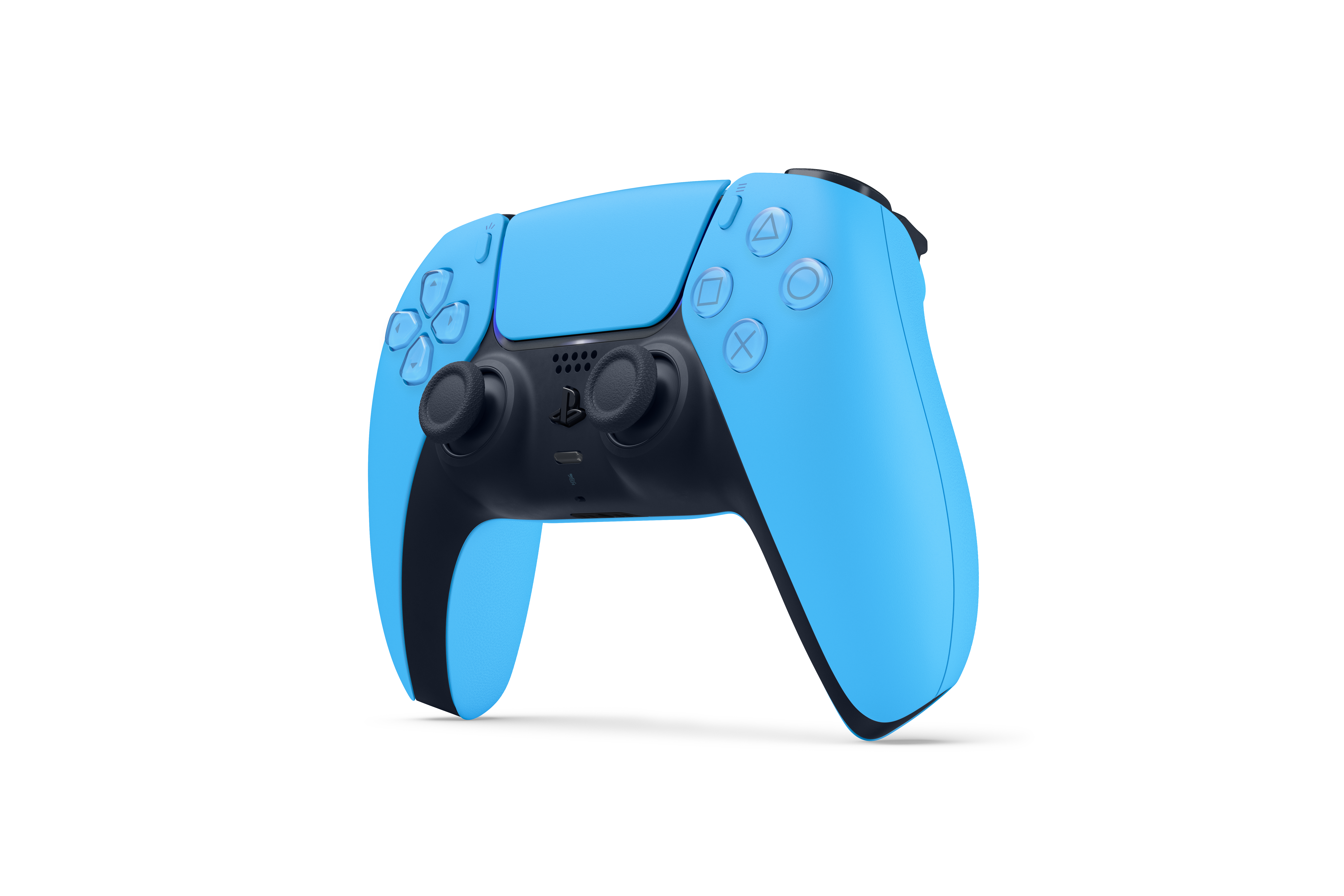 Blau-schwarzer Playstation 5 Controller auf weißem Grund, leicht angewinkelt.