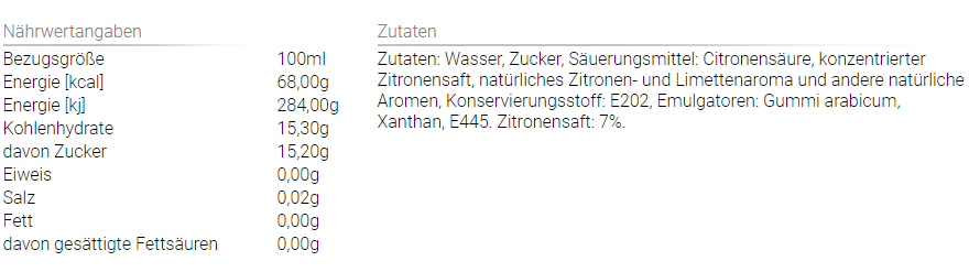 Nährwerttabelle mit Zutatenliste für ein Getränk, weißer Hintergrund.