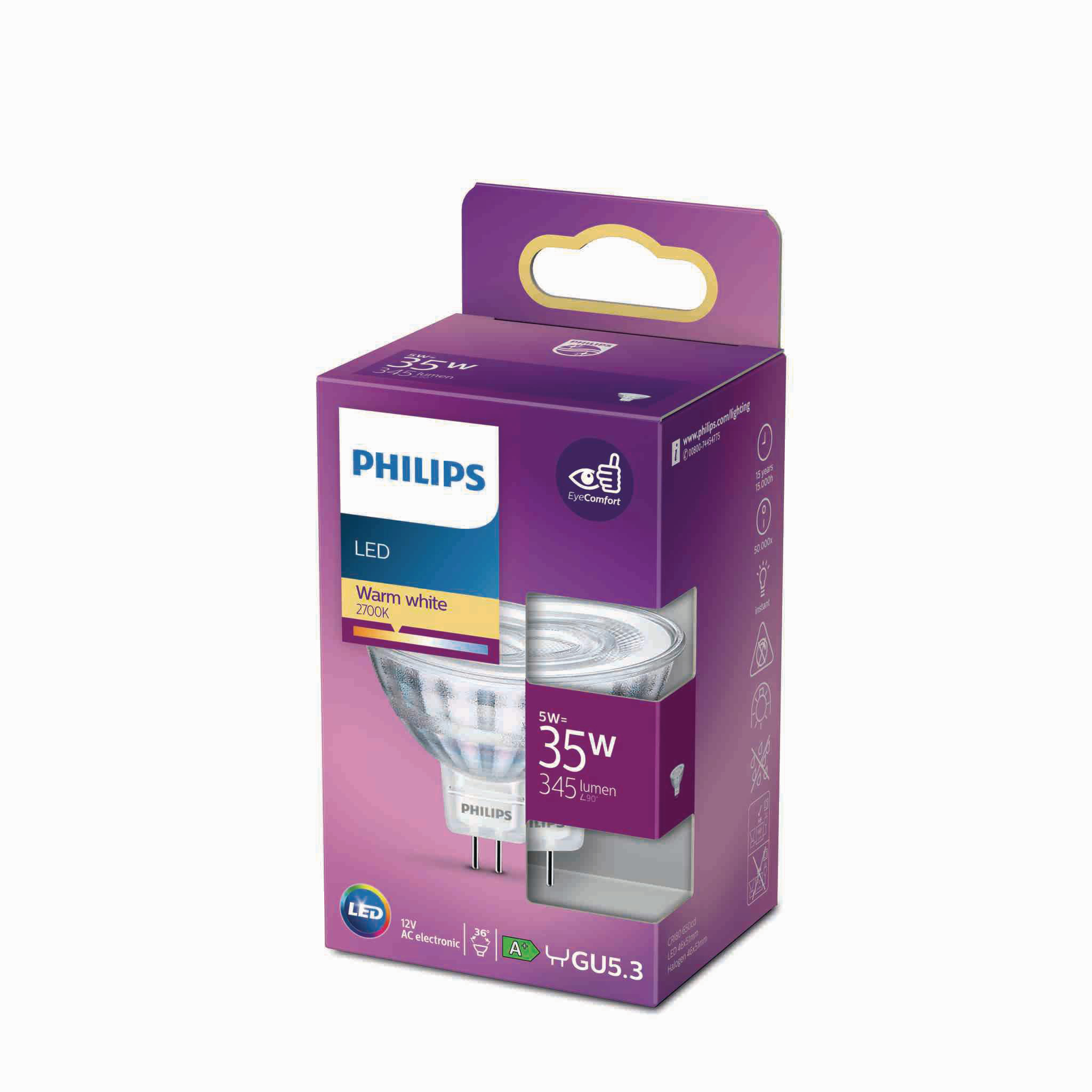 Verpackte Philips LED-Leuchte. Das Paket zeigt das Produkt und seine Spezifikationen.