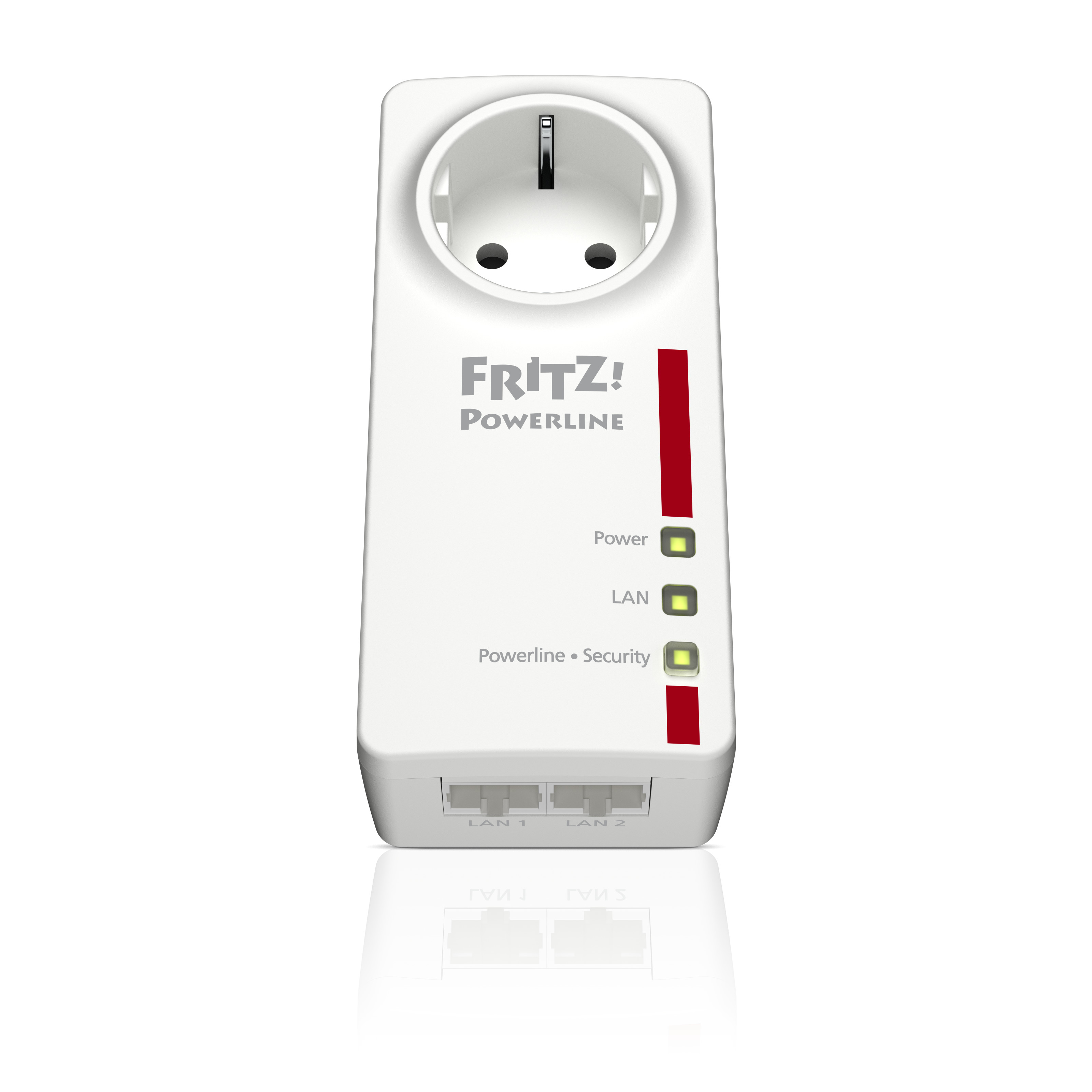 White powerline adapter with red stripe and green/red lights.