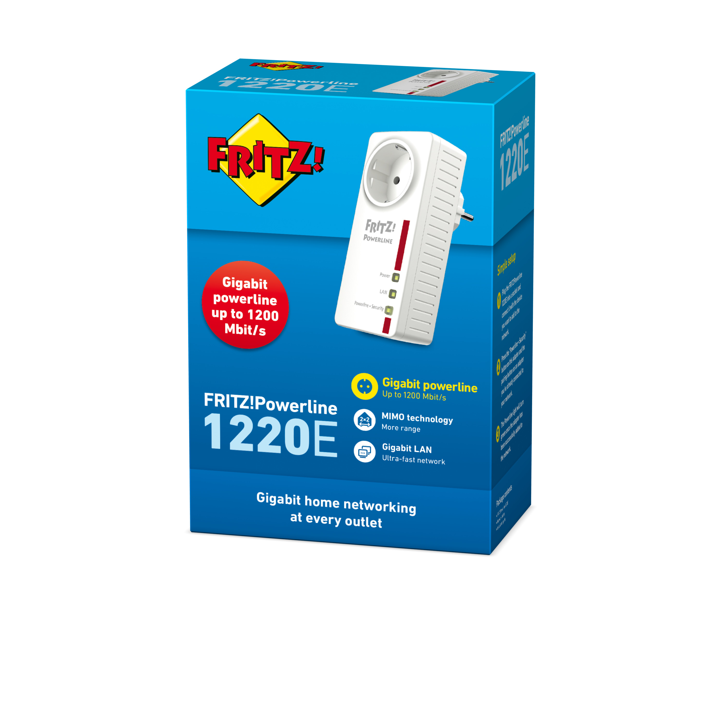 A blue and white box with the product name FRITZ!Powerline 1220E on it.
