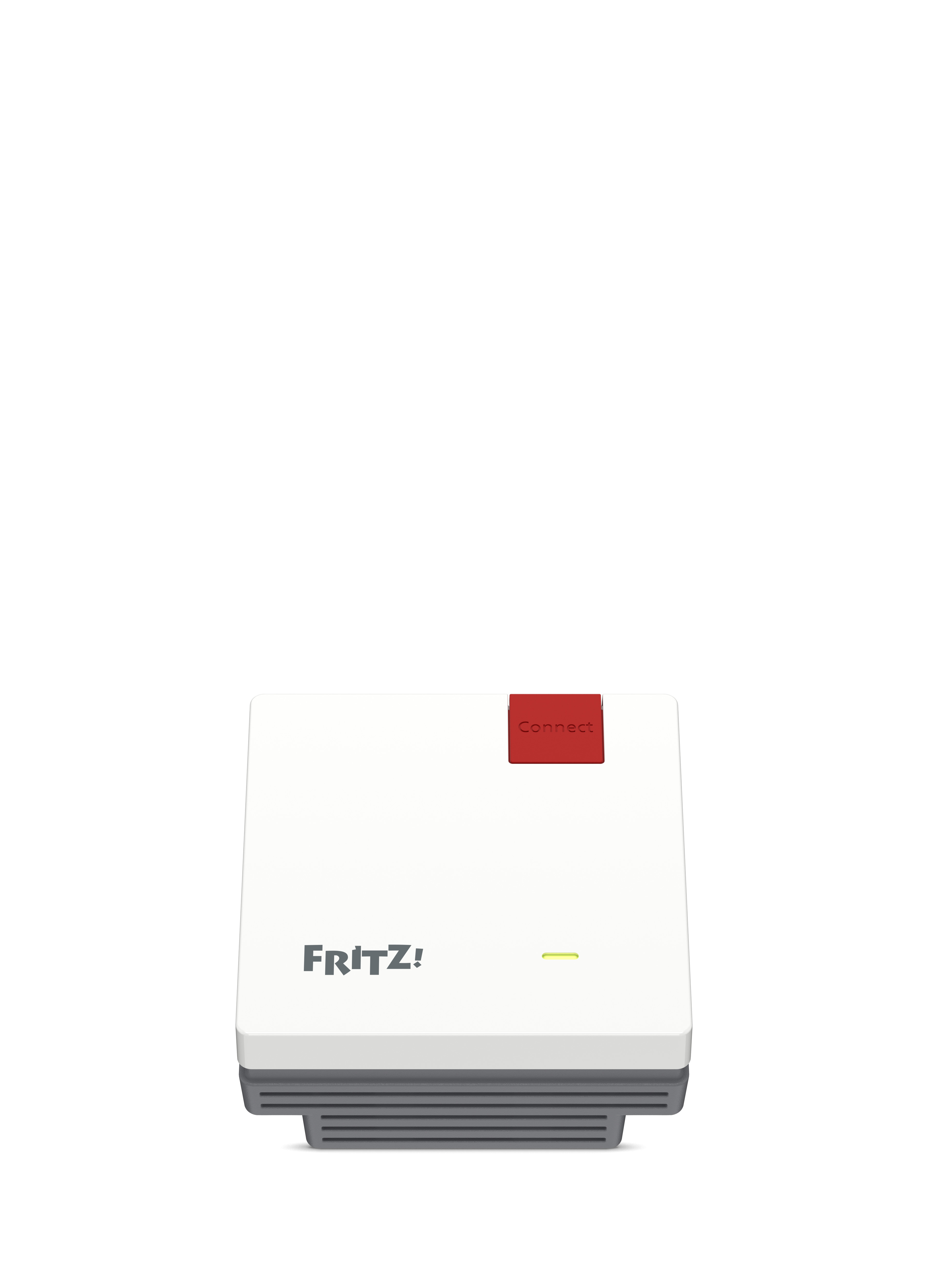 A white router with a red connect button. Text: FRITZ! on the bottom.