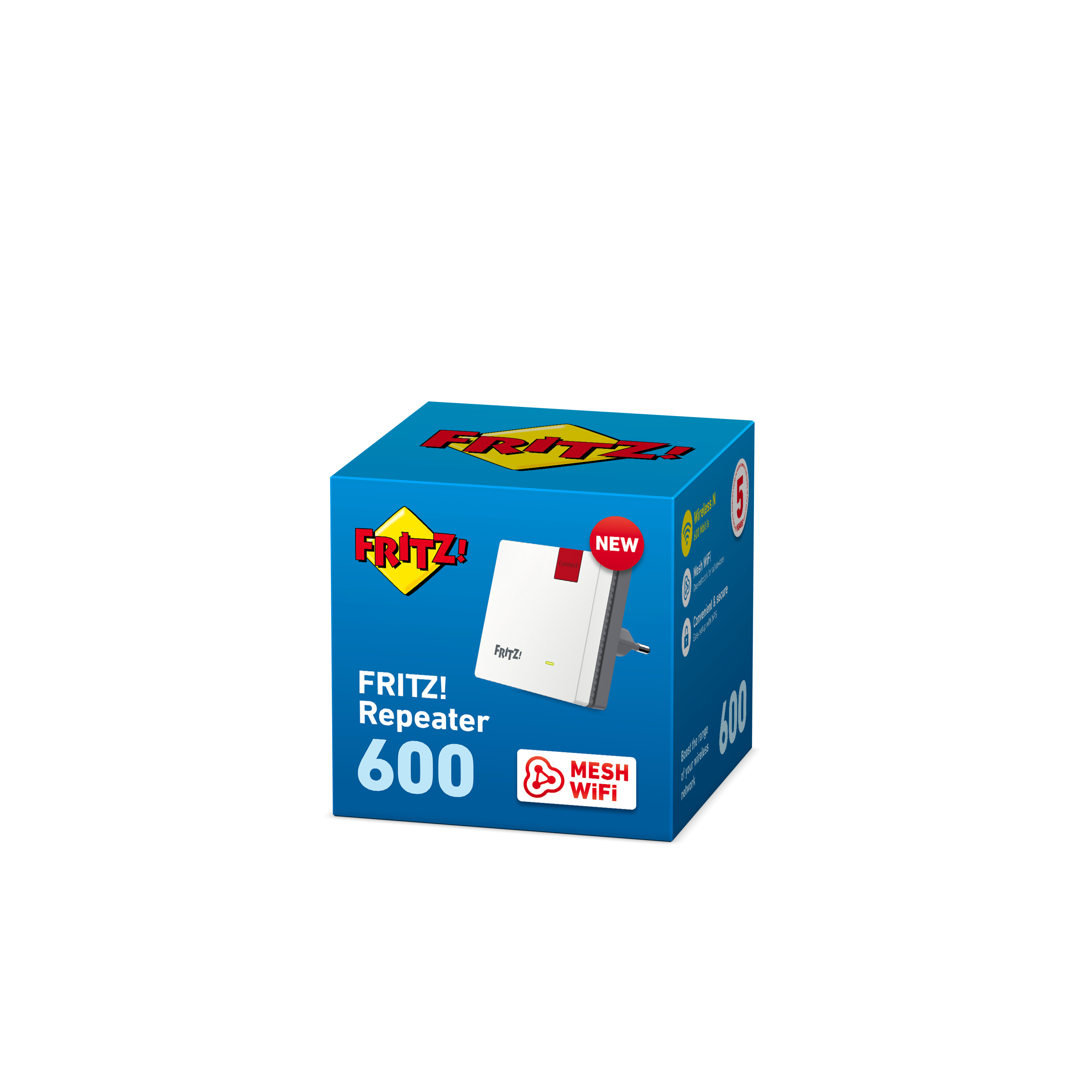 A blue cube box of FRITZ! Repeater 600 with text and logos.