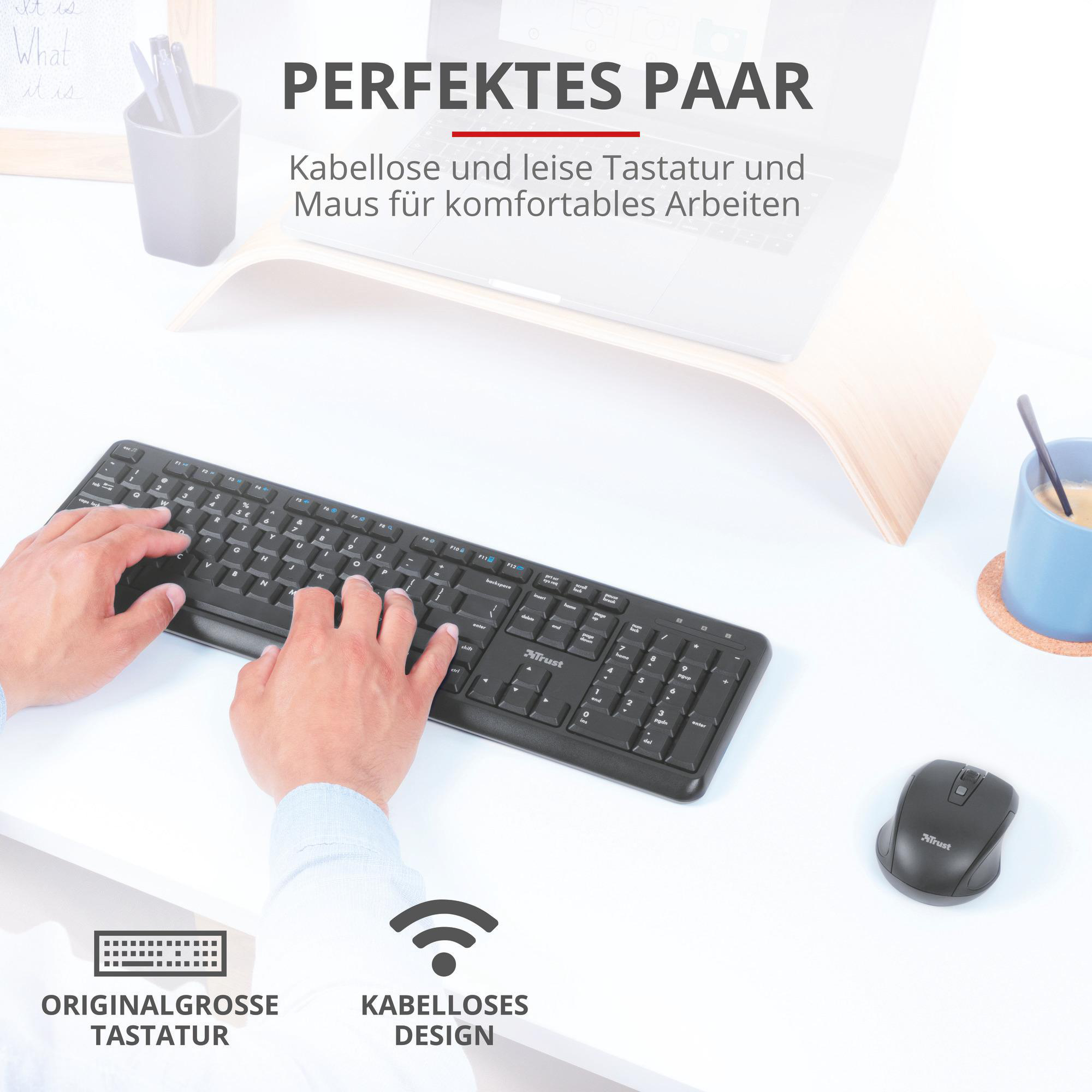 TRUST Set aus Tastatur und Maus Ody Wireless Silent, DE, Schwarz