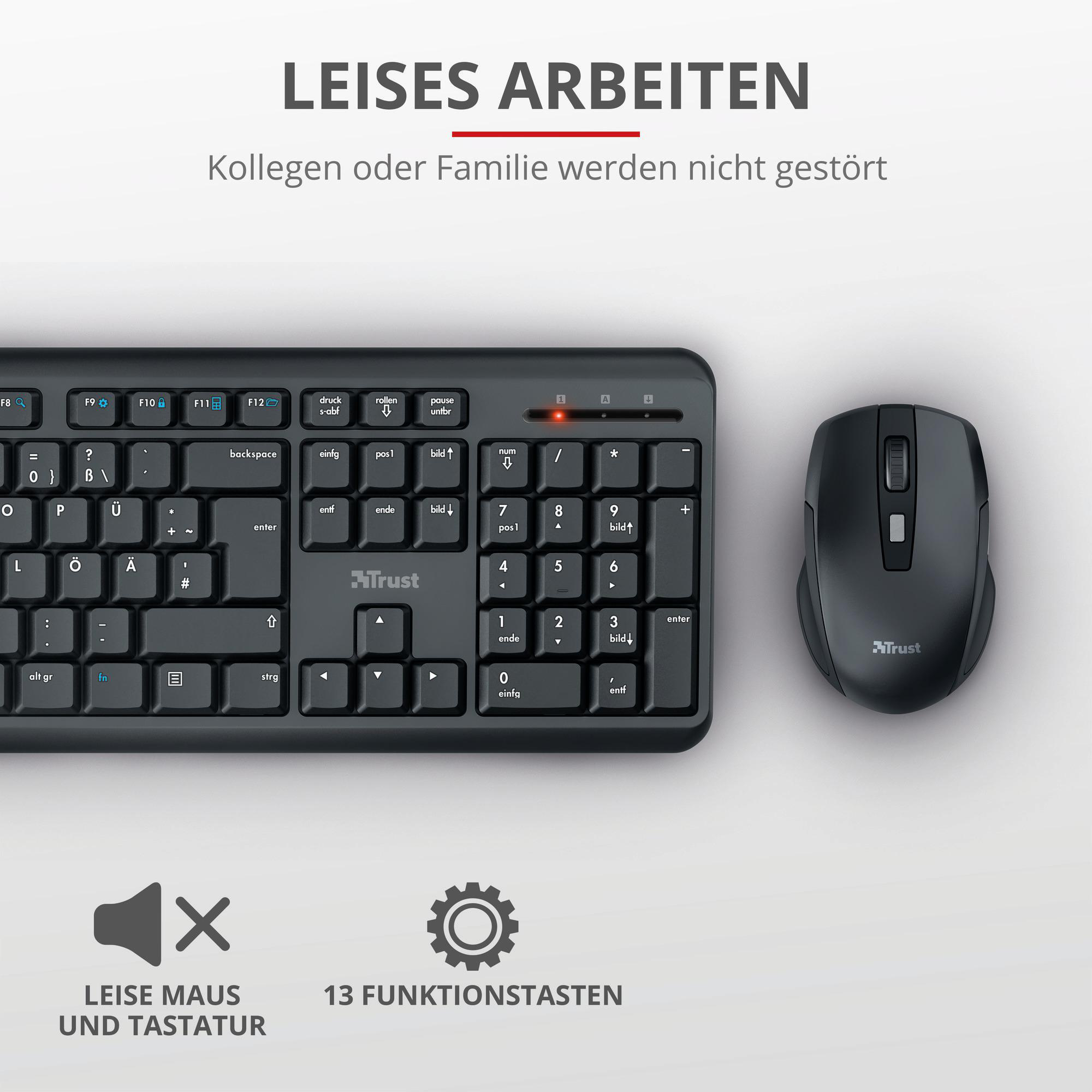 TRUST Set aus Tastatur und Maus Ody Wireless Silent, DE, Schwarz