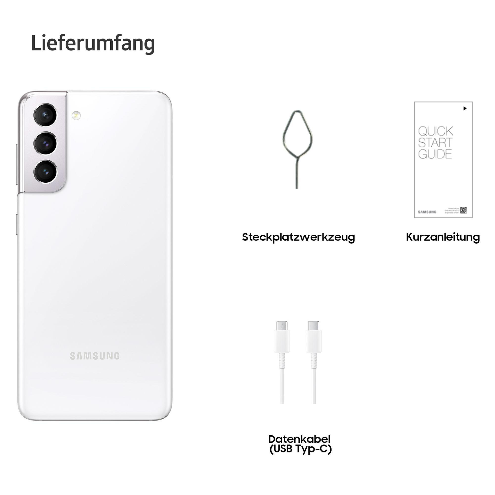 Weißes Telefon, Box, SIM-Tool, USB-Kabel und eine Schnellstartanleitung auf weißem Hintergrund.