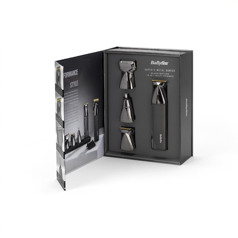 Un ensemble multi-tondeuse noir et argent, présenté dans une boîte noire ouverte sur une surface blanche.