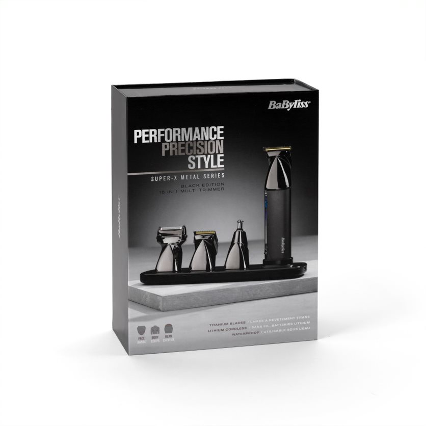 Une boîte noire avec un ensemble de tondeuse Babyliss. La boîte montre la tondeuse et les accessoires.