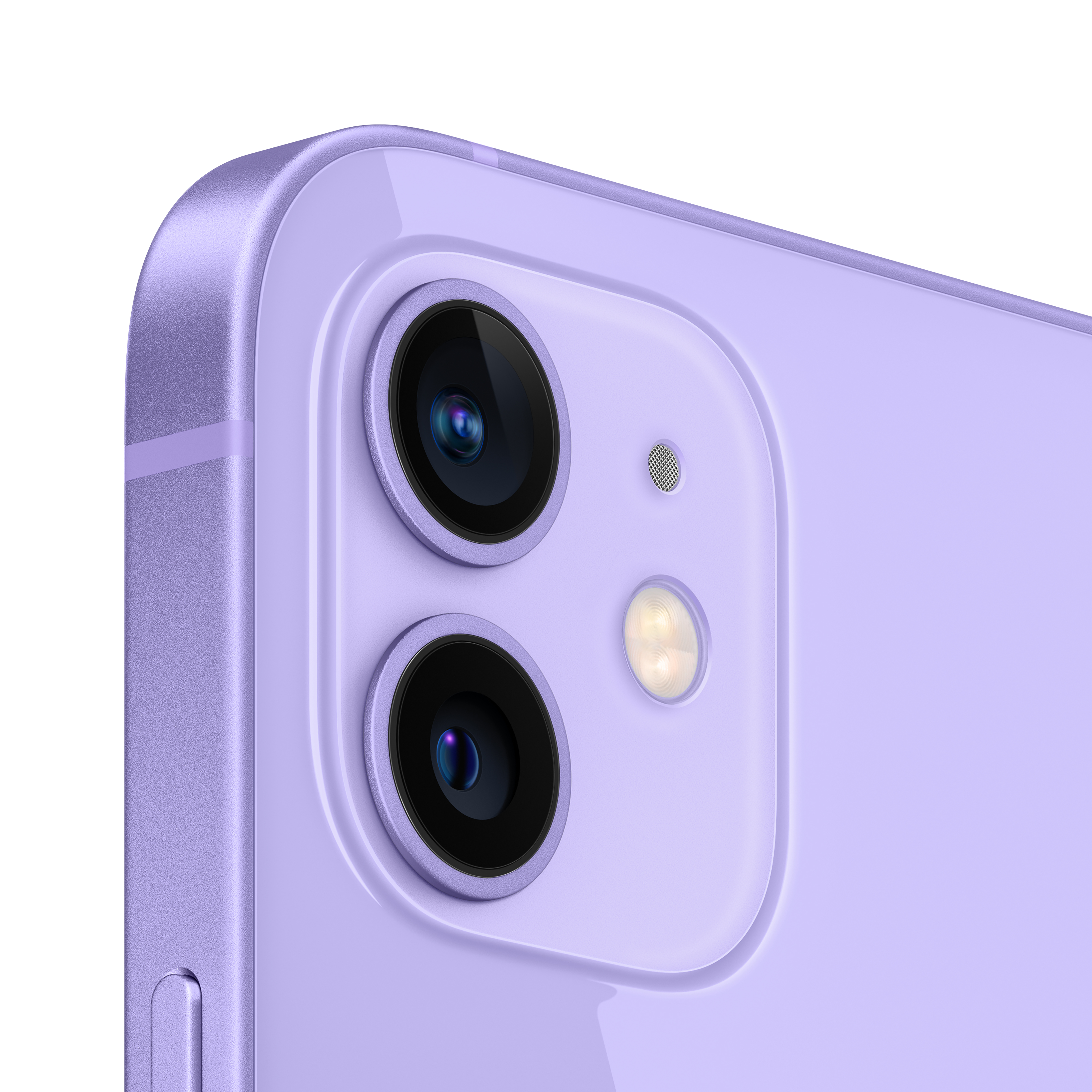 Mor iPhone kamera modülü, iki lens ve bir flaş ile.