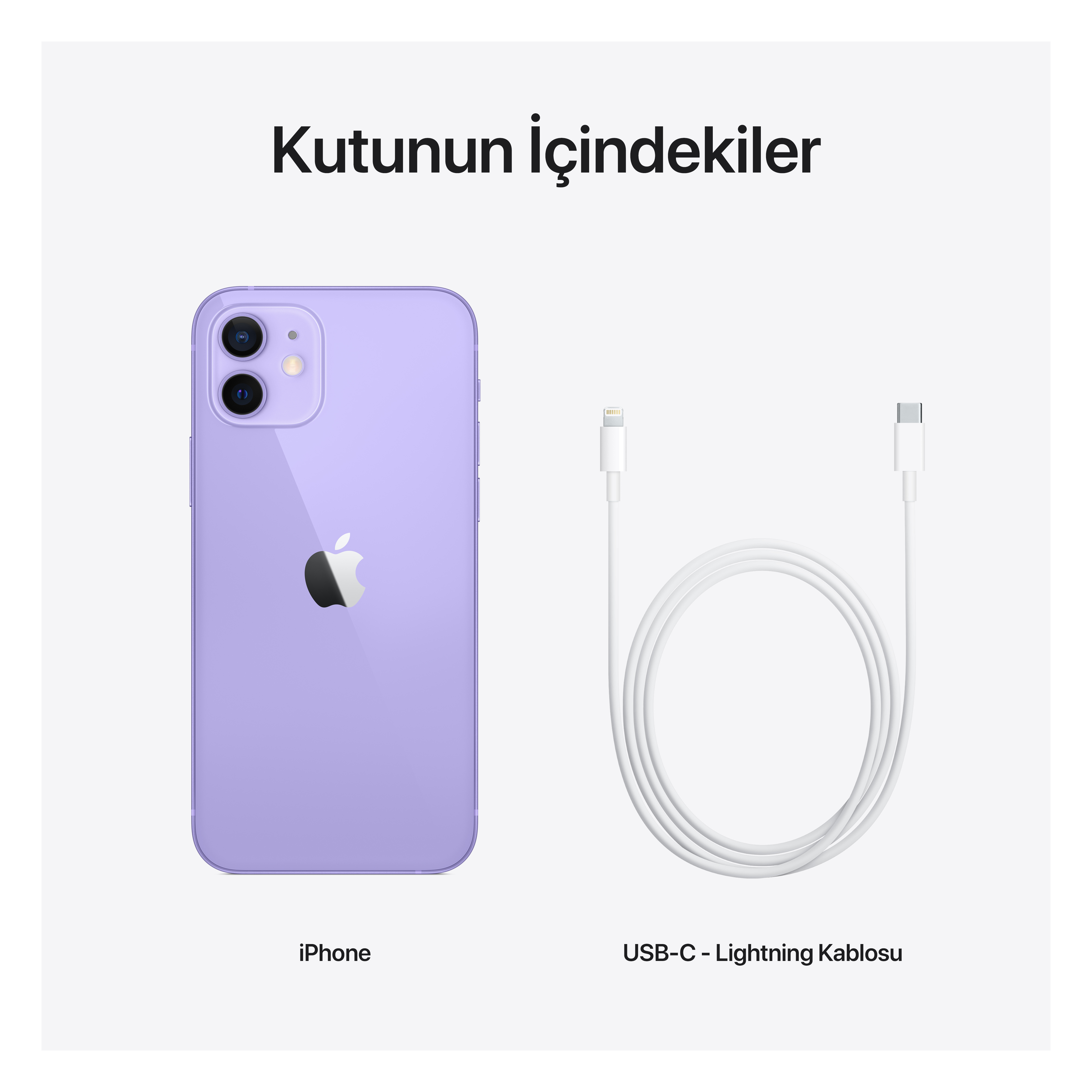 iPhone ve şarj kablosu. Telefon mor, kablo beyaz, beyaz bir arka plan üzerinde.