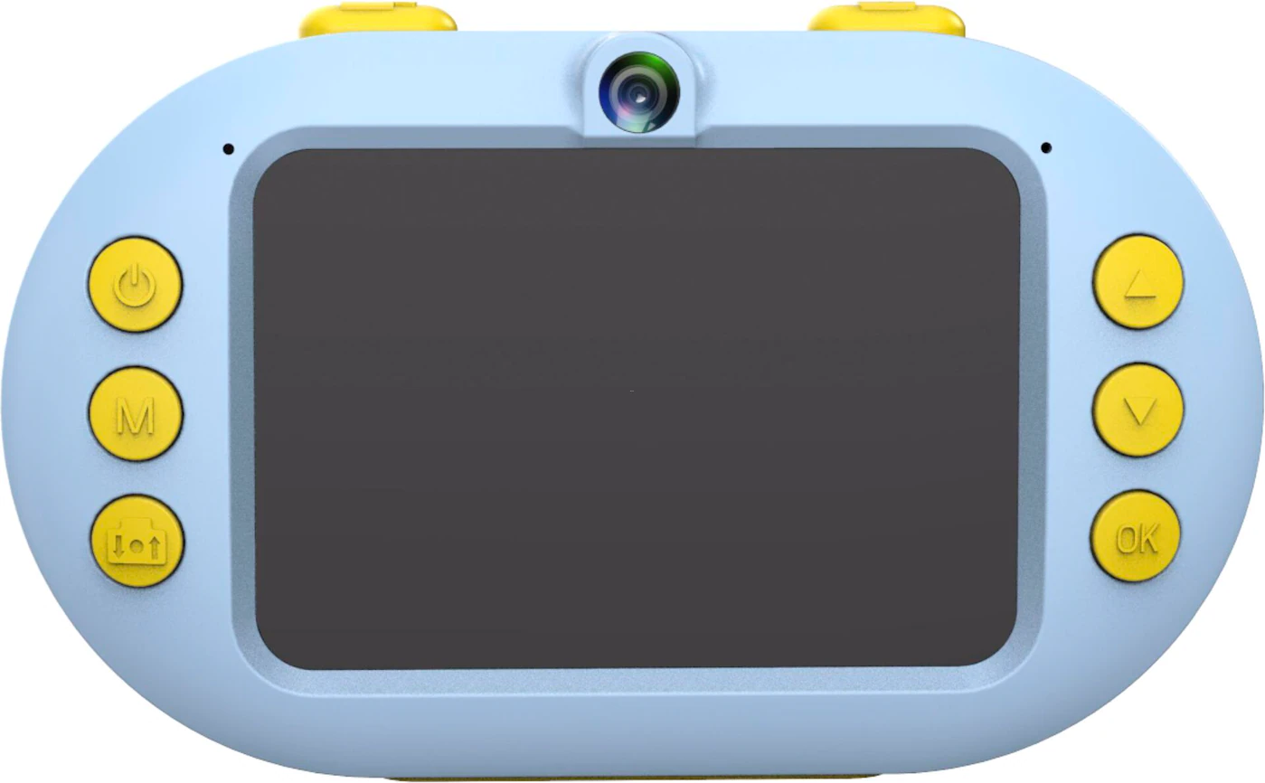 Eine blau-gelbe Kinderkamera mit Bildschirm und Knöpfen auf weißem Hintergrund.