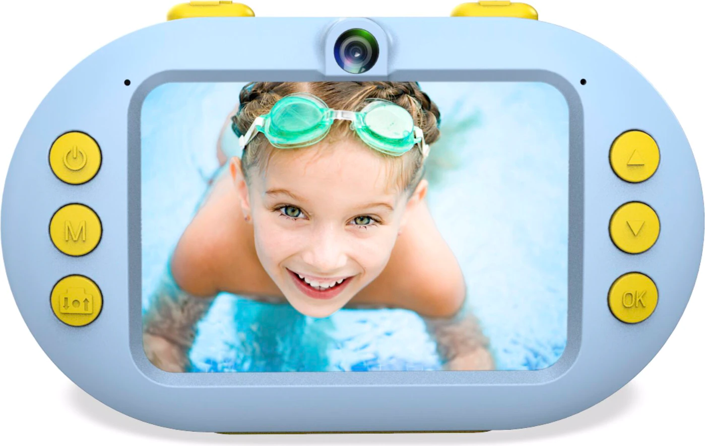 Eine blaue Kamera, die ein Mädchen in einem Pool zeigt, das eine Brille trägt und in die Kamera lächelt.