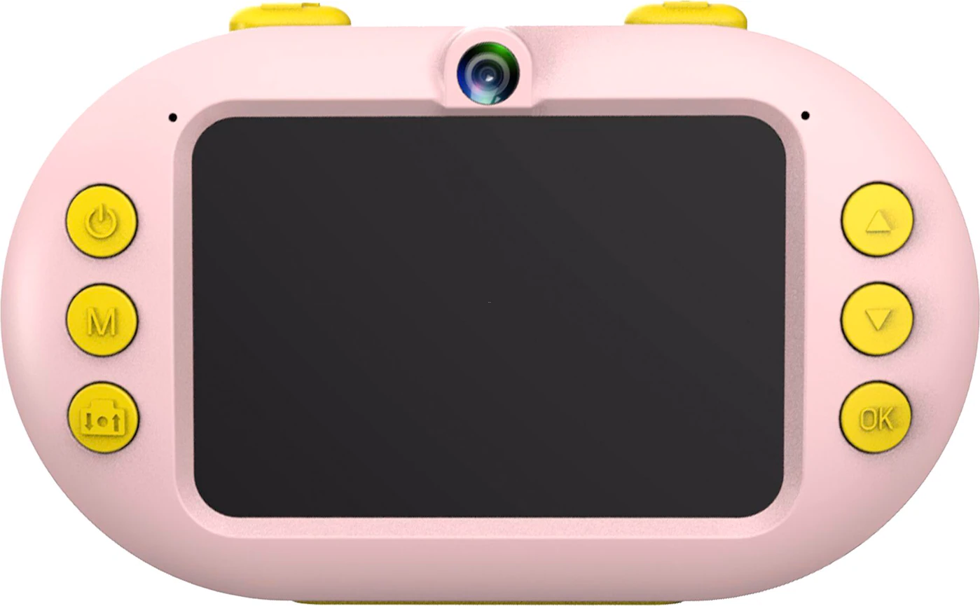 Rosa Kinder-Digitalkamera mit Bildschirm, Knöpfen und Linse, isoliert auf weißem Hintergrund.