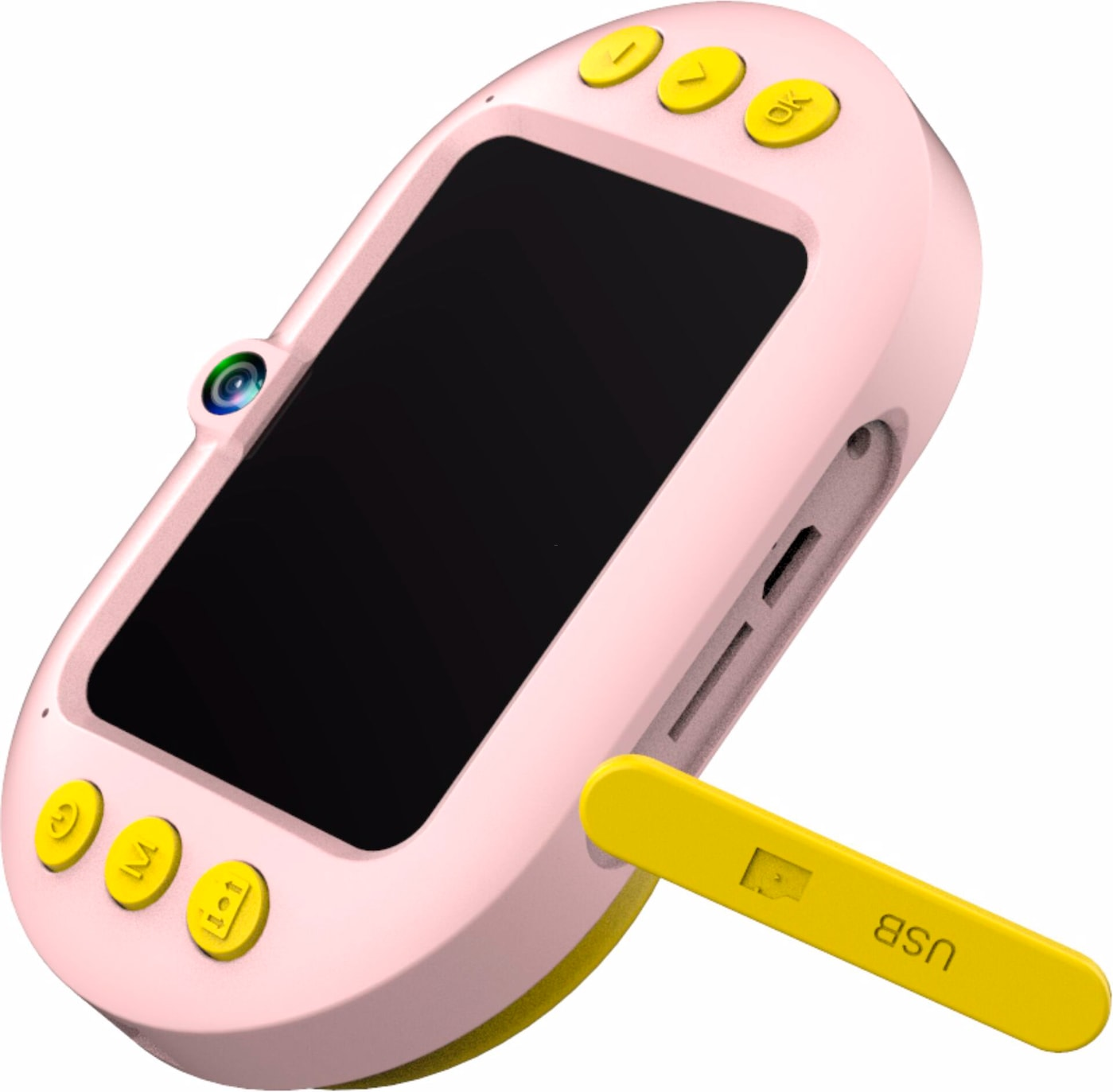 Rosa und gelbe Kinder-Digitalkamera mit Bildschirm und USB-Anschluss.
