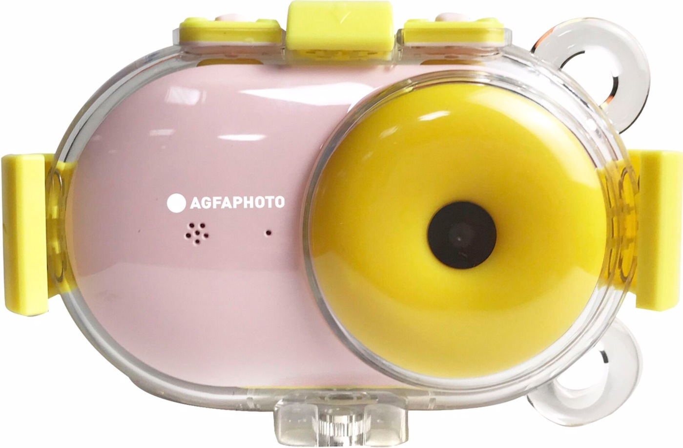 Rosa und gelbe Unterwasserkamera in transparentem Gehäuse. Das AgfaPhoto-Logo ist sichtbar.