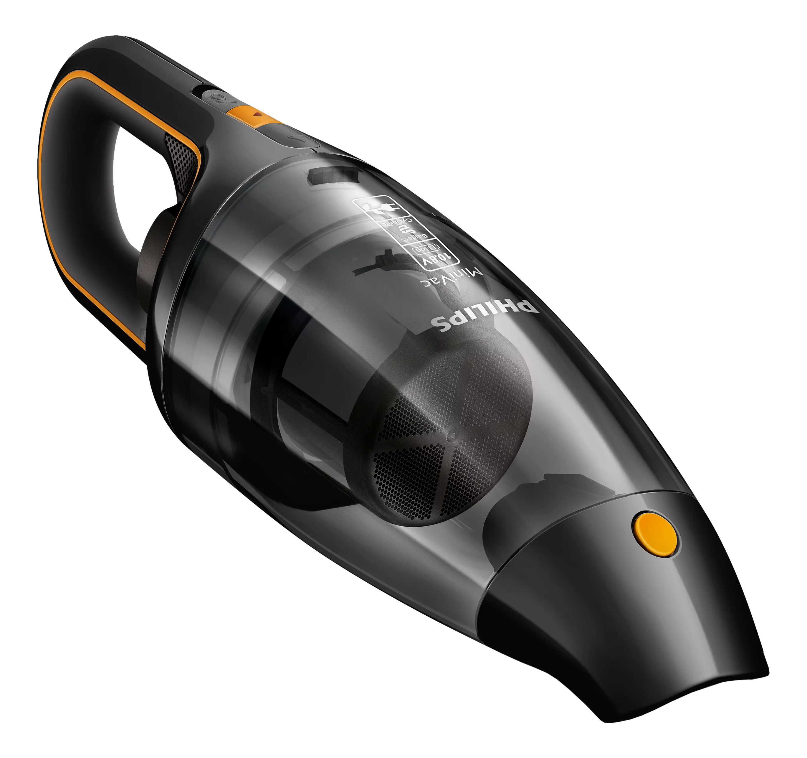 Aspirateur à main Philips MiniVac noir et transparent. Bouton orange.