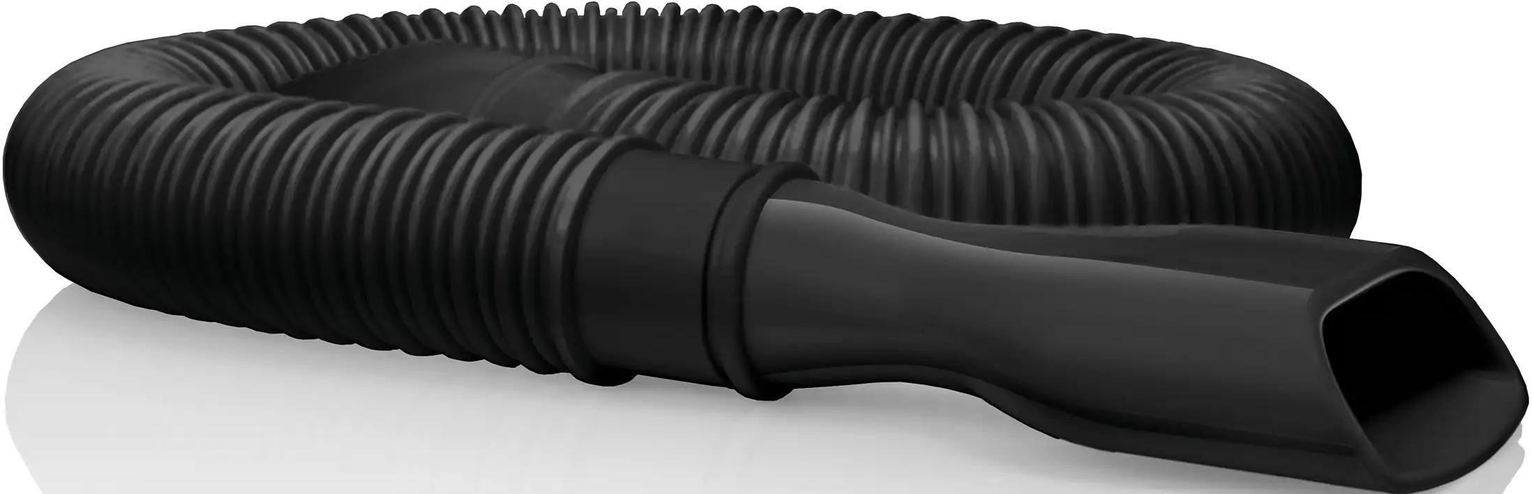 Buse d'aspirateur noire avec un tuyau flexible, posée sur une surface blanche.