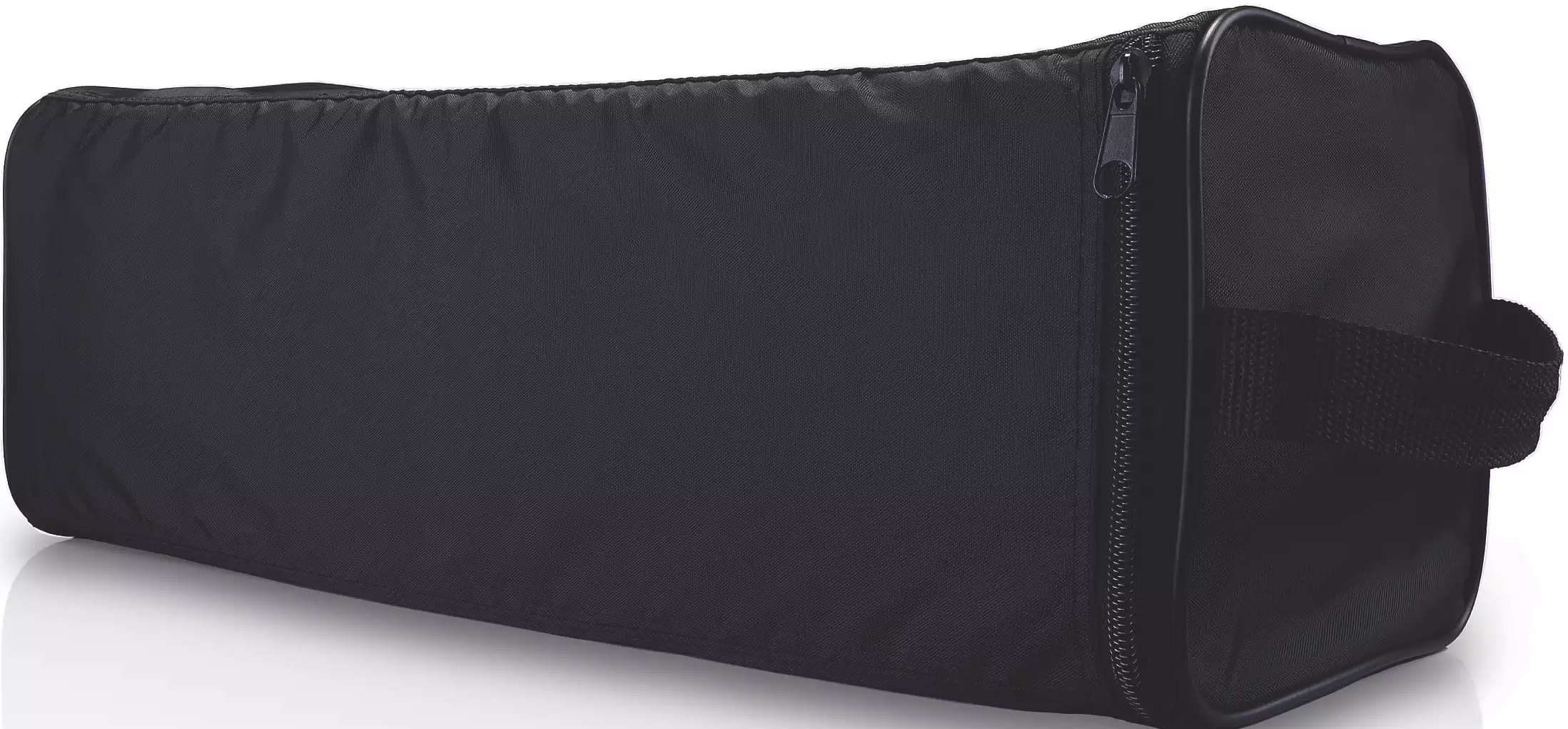 Un sac noir rectangulaire avec une fermeture éclair et une poignée.