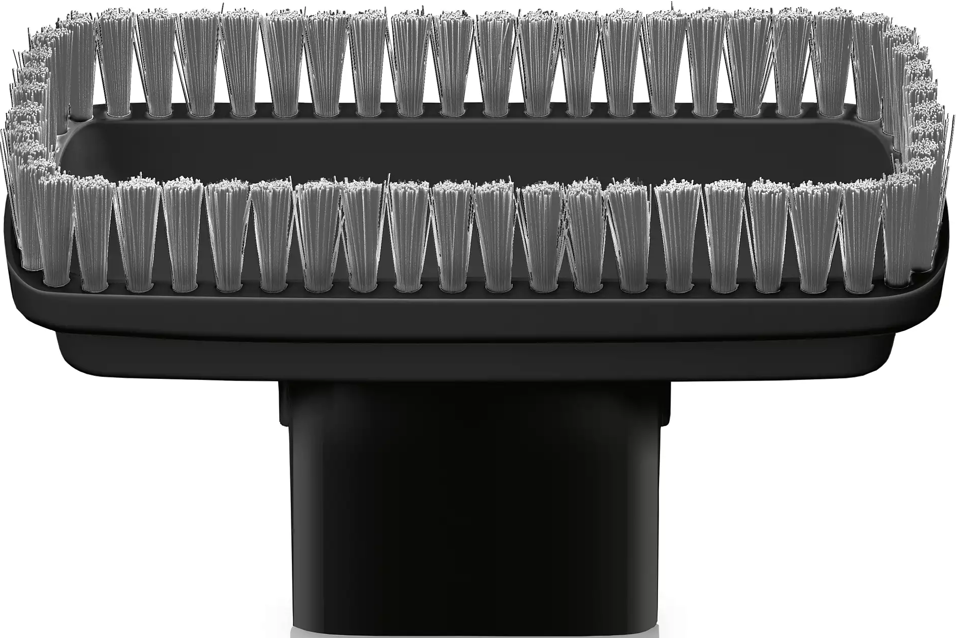 Tête de brosse d'aspirateur noire avec des poils. Fond blanc.
