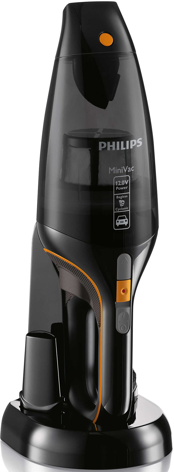 Aspirateur à main Philips MiniVac noir avec des touches d'orange et une base de chargement.