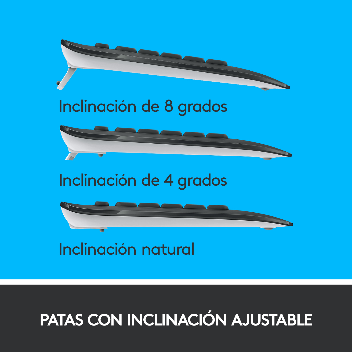 Teclado. Tres configuraciones de inclinación diferentes. Patas ajustables visibles. Fondo azul.