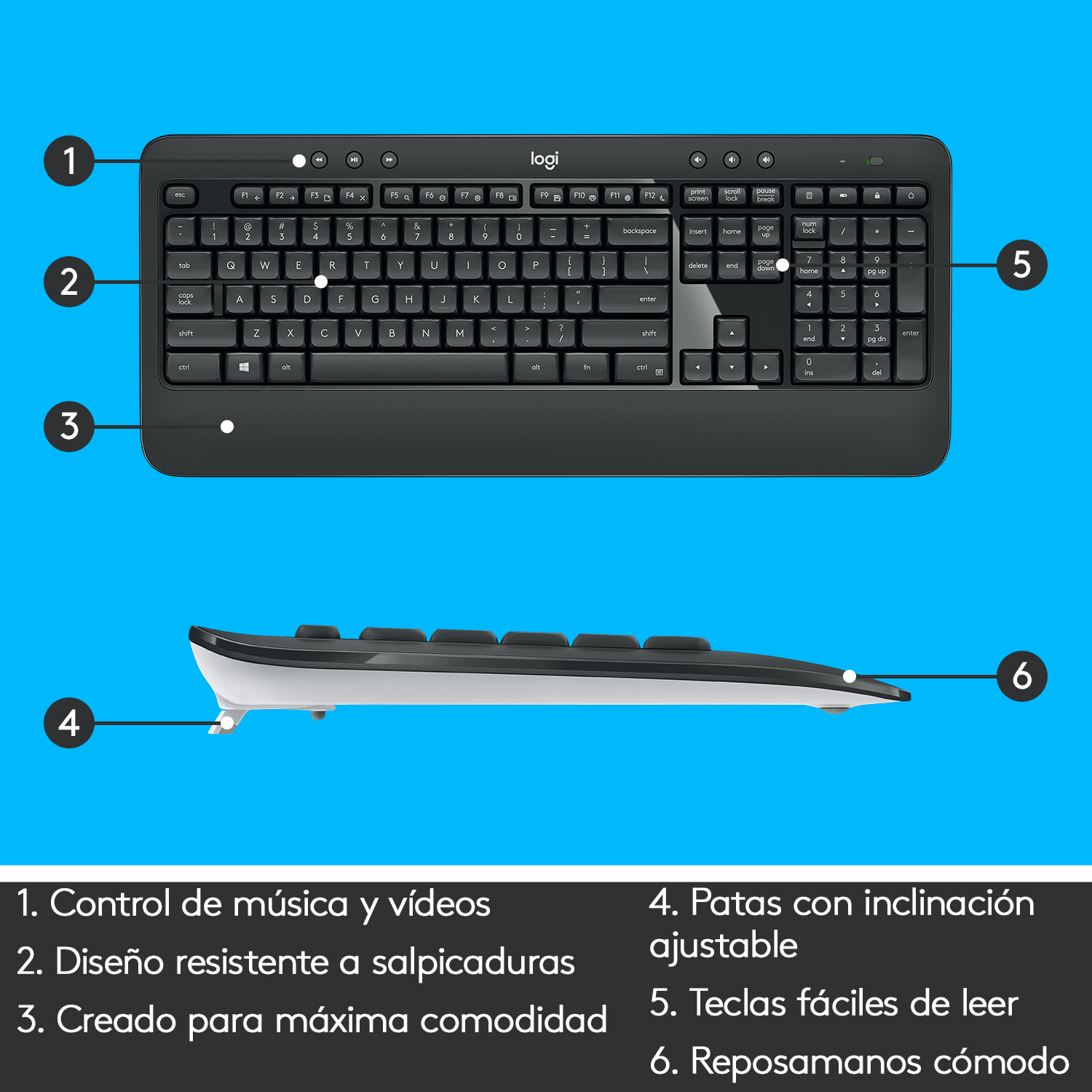 Teclado Logitech, negro con etiquetas: control de música, resistente a derrames, diseño ergonómico.