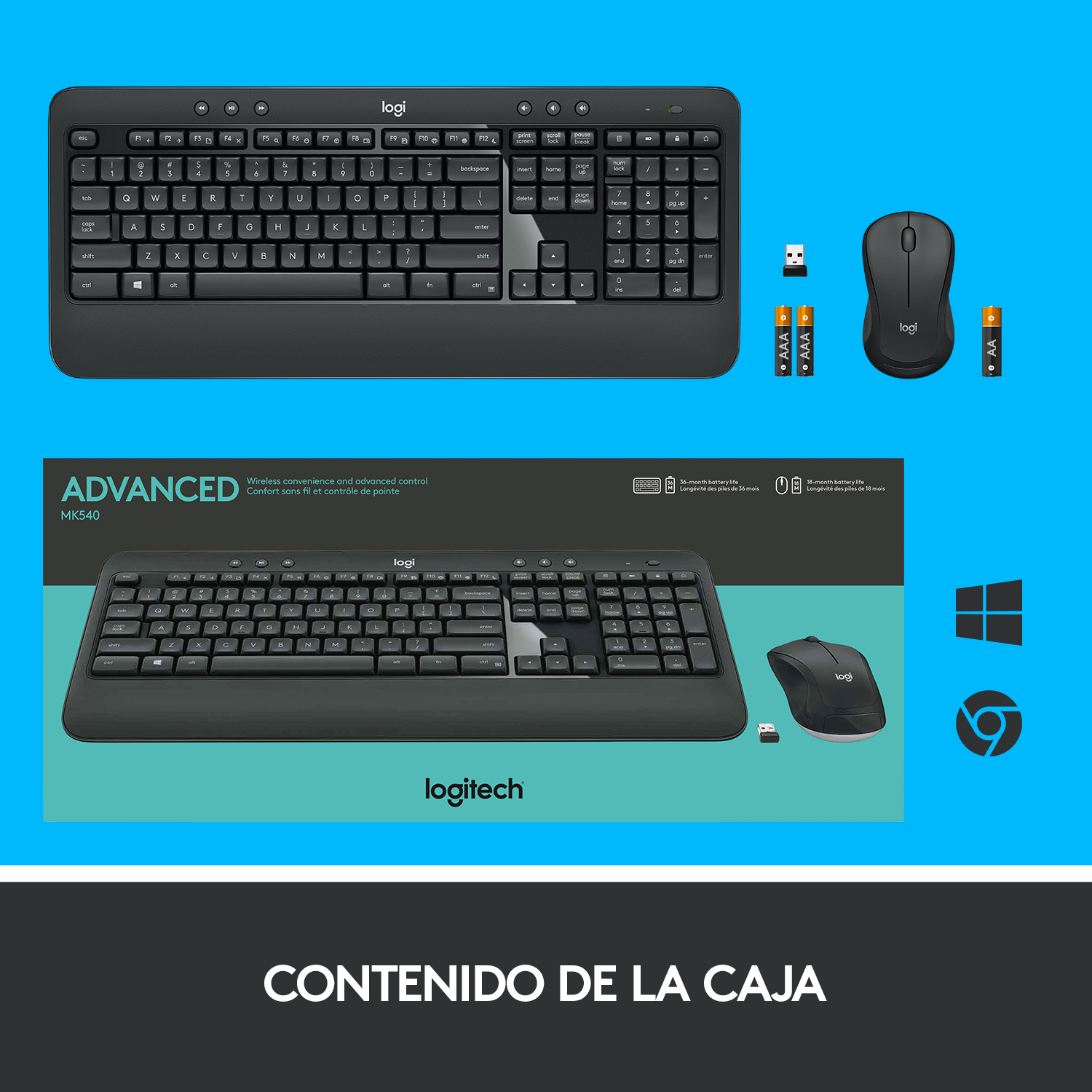 Conjunto de teclado y ratón sobre fondo blanco. Incluye teclado, ratón y receptor USB.