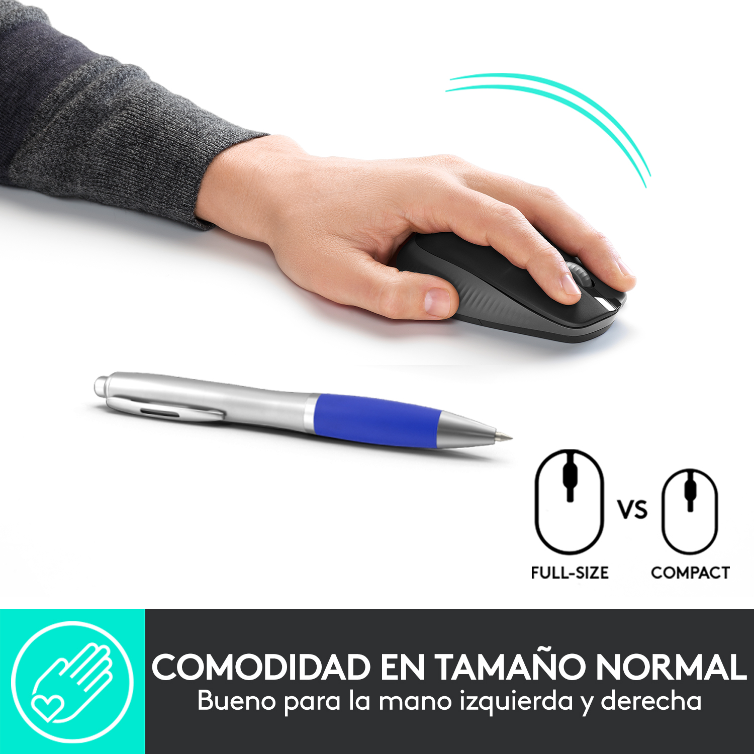 Una persona usando un ratón negro con un bolígrafo azul sobre una superficie blanca. La imagen tiene texto sobre el ratón.