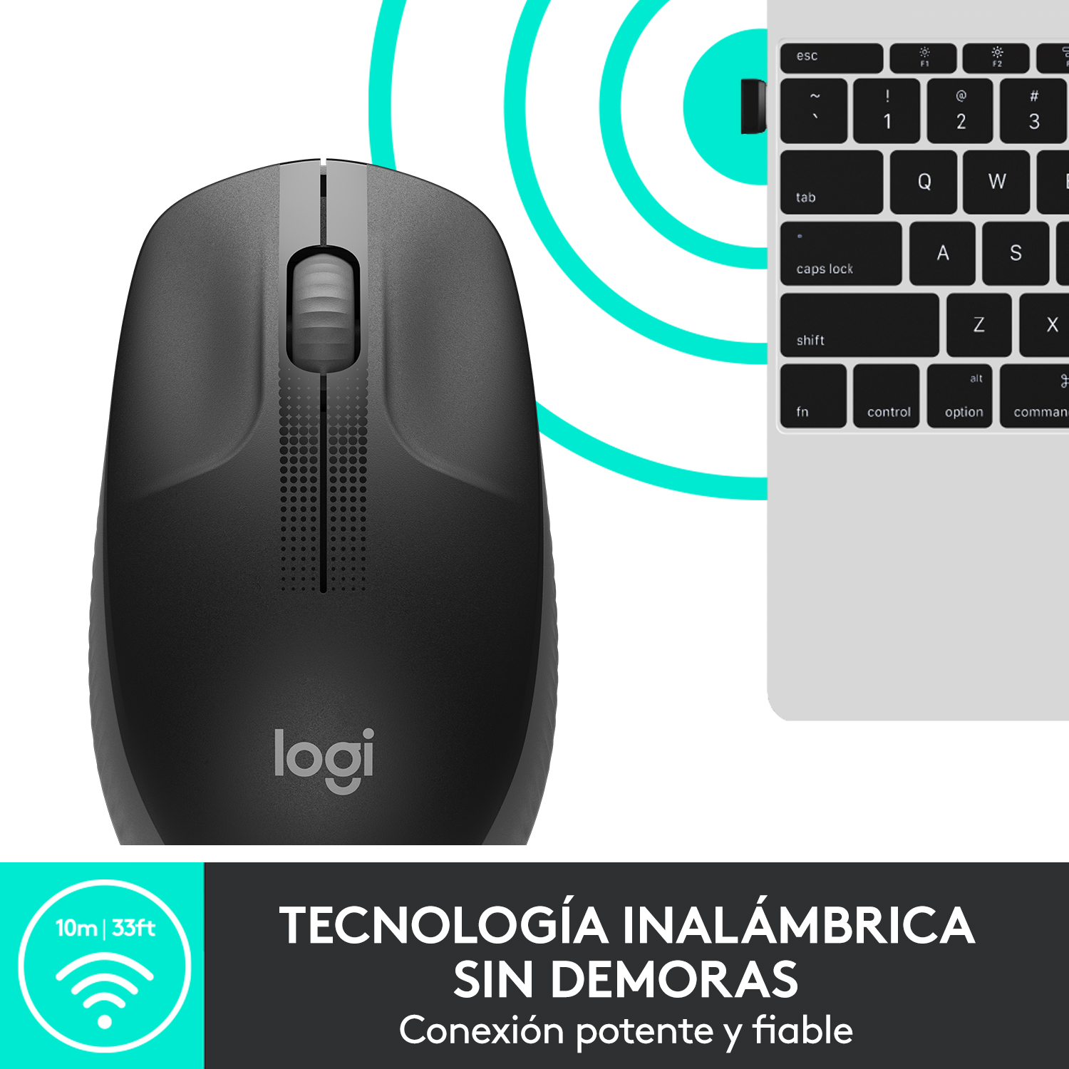 Ratón Logitech negro con teclado, mostrando marca de tecnología inalámbrica en español.
