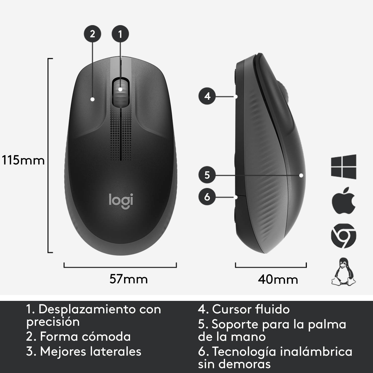 Ratón Logitech negro con dimensiones. Etiquetas resaltan características: desplazamiento, forma, lados.