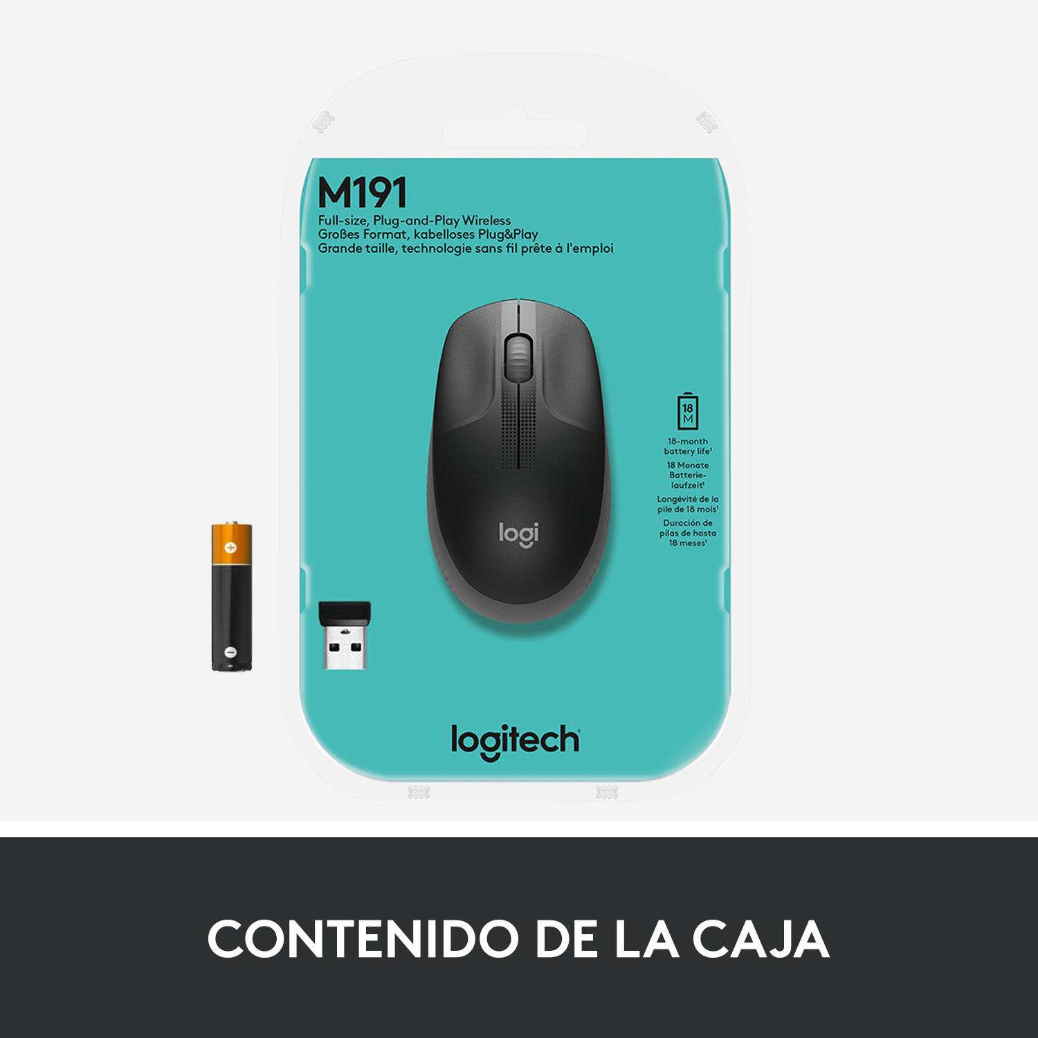 Un ratón negro en un paquete con una batería y un receptor USB.