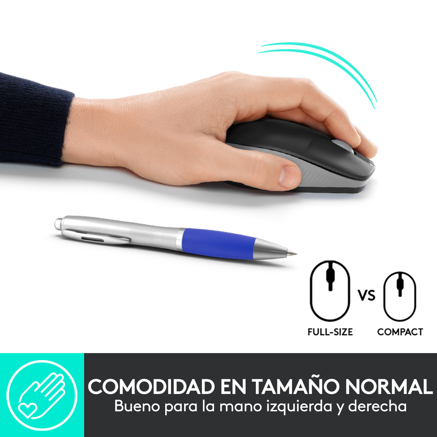 Mano usando ratón, vs imagen de ratón compacto. Texto: Comodidad en tamaño normal.
