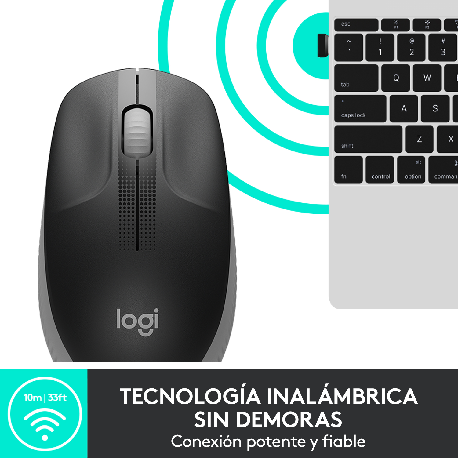 Ratón inalámbrico negro y gris. El logotipo es visible. Tecnología inalámbrica.