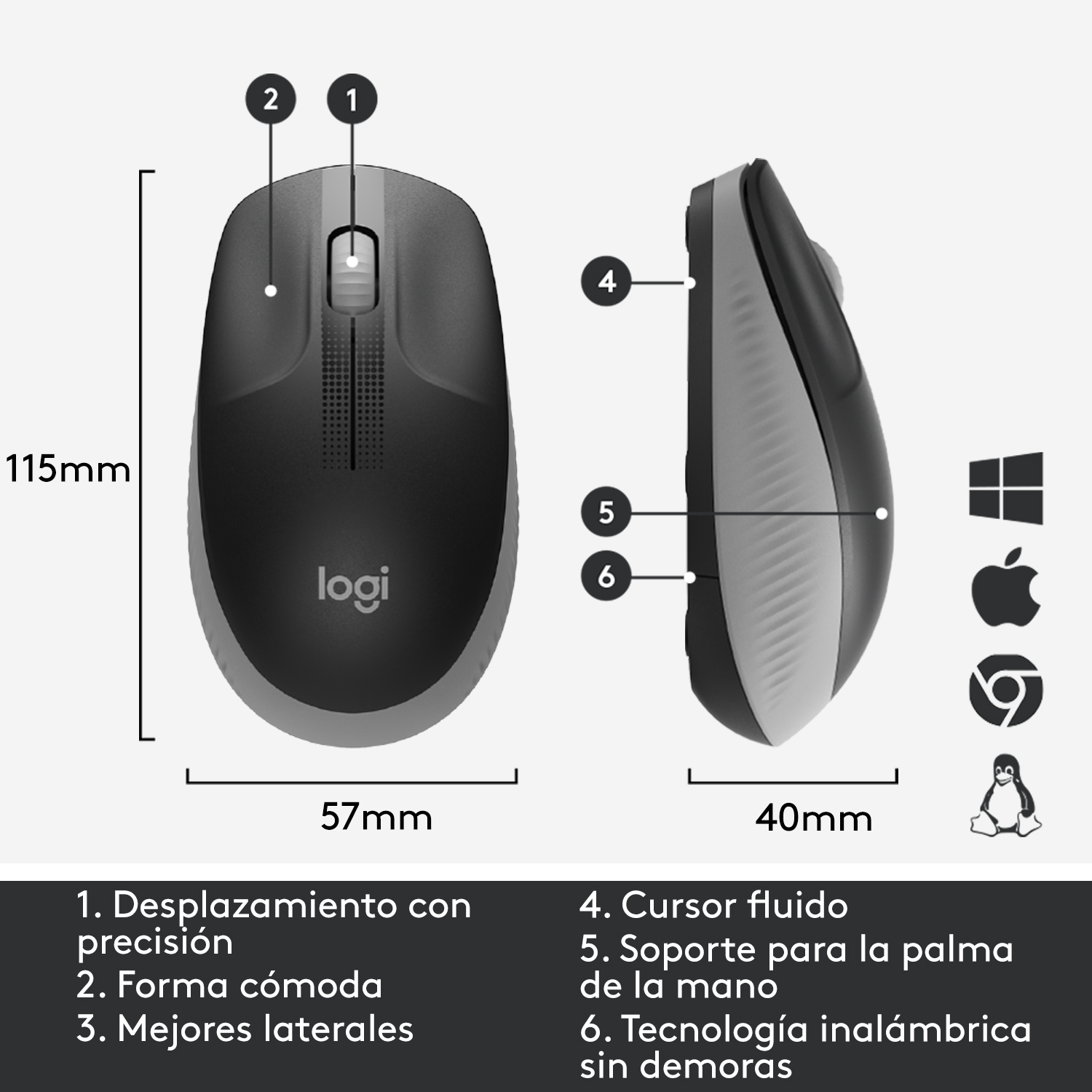 Ratón inalámbrico Logitech. Muestra vistas superior y lateral. Incluye botones, desplazamiento y dimensiones.