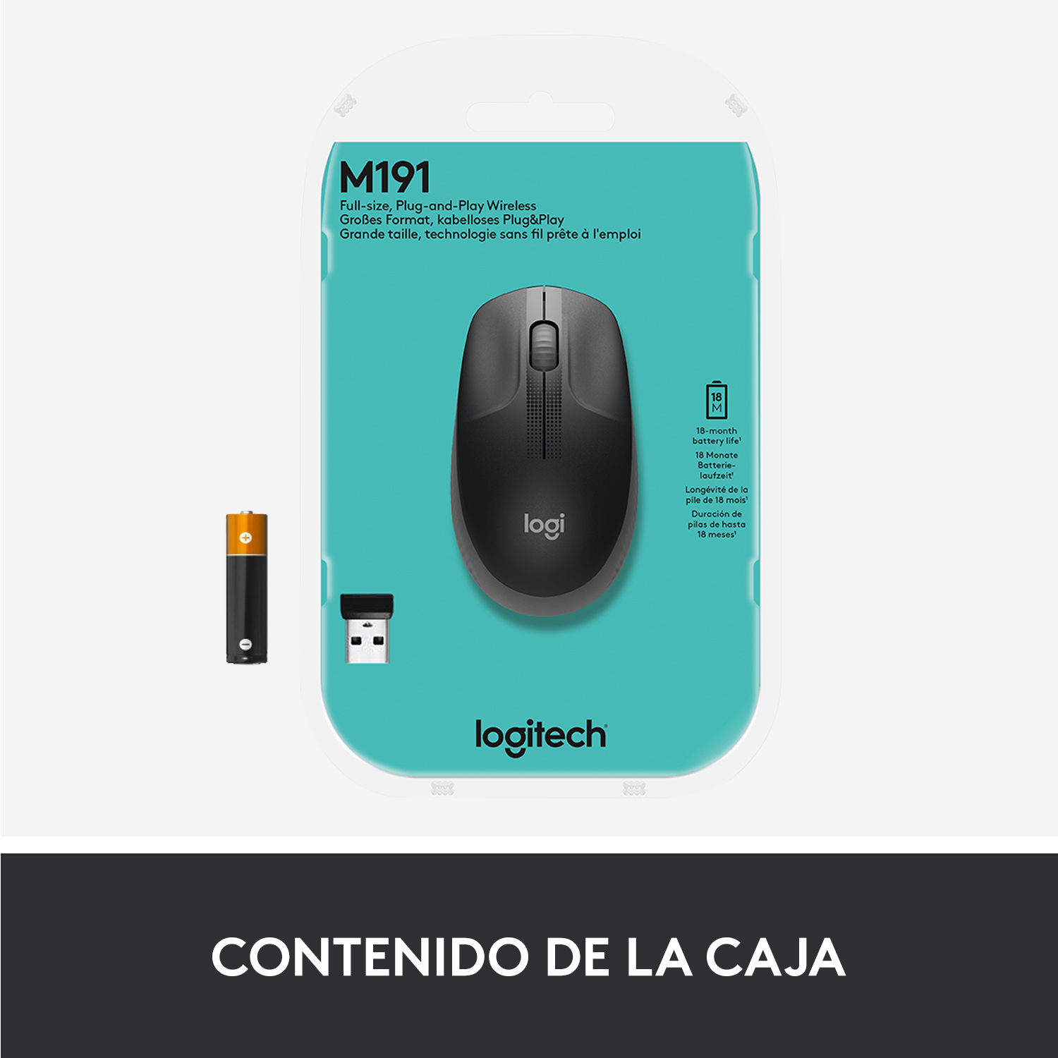 Ratón en embalaje con batería y receptor USB. Texto en español.